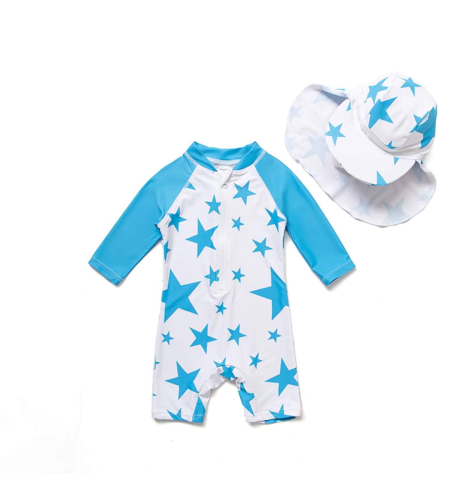 BONVERANO Baby Boys Swimsuit | Long-Sleeve One Piece Swimwear | UPF 50+ Sun Protection | Blue Star | 9-12 Months - Buy Online on GoSupps.com