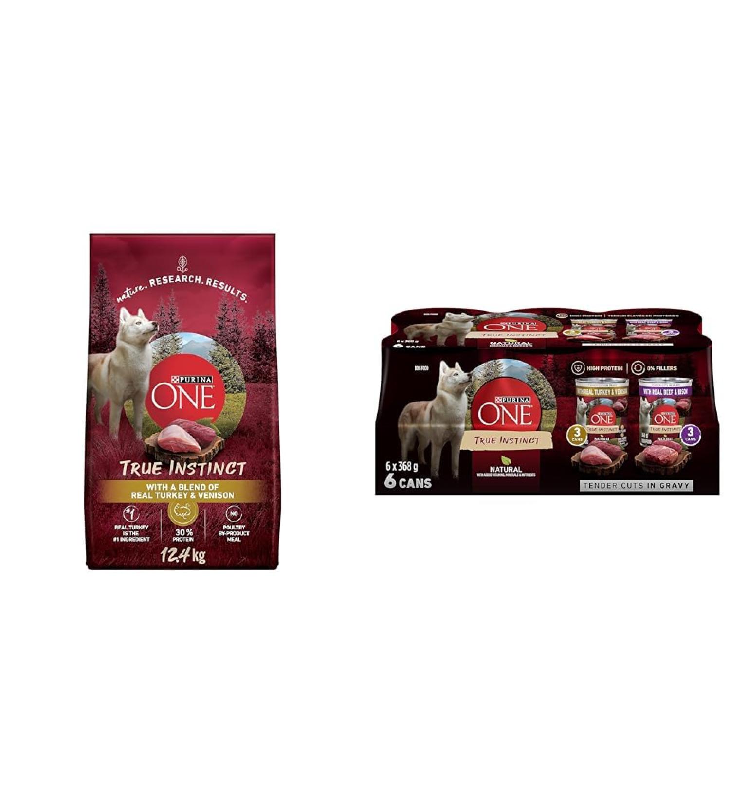 Purina ONE True Instinct High Protein Dry Dog Food Turkey & Venison - 12.4 kg Bag & Tender Cuts True Instinct Wet Dog Food in Gravy Variety Pack 2 Flavours - 368 g Can (6 Pack) - Buy Online on GoSupps.com