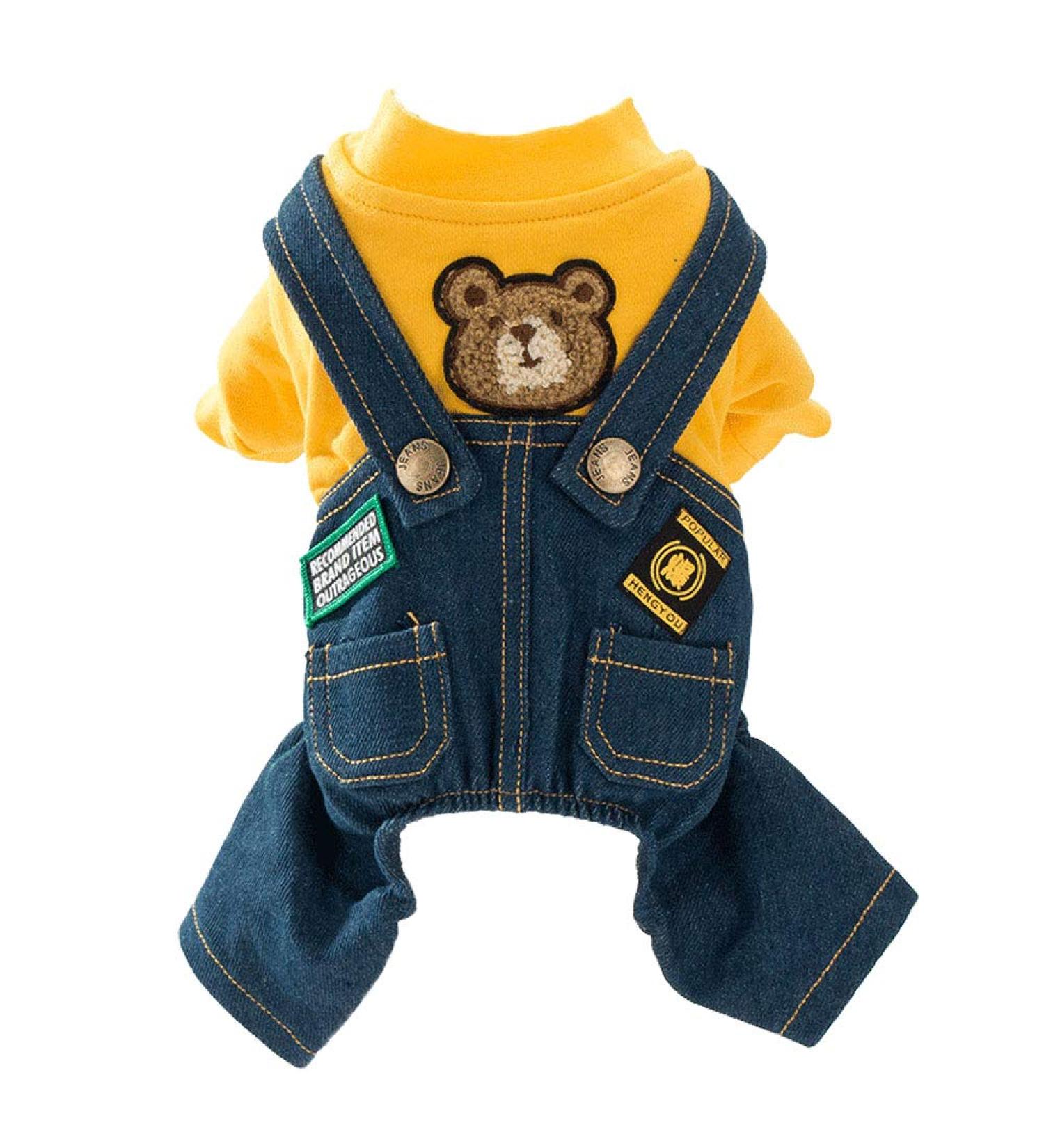 Dog Denim Overalls for Small & Medium Pets | Cute Costume Clothes for Boy & Girl Dogs | Yellow with Bear Embroidery - Buy Online on GoSupps.com
