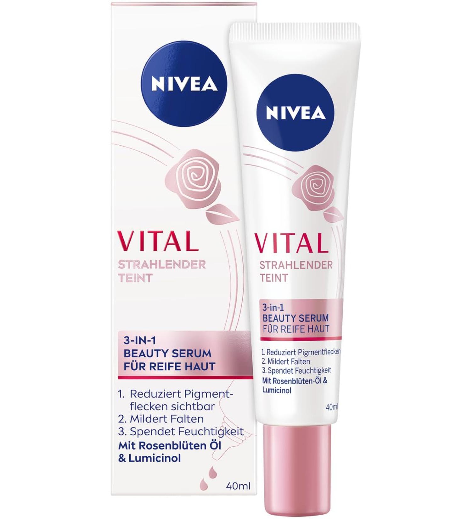 NIVEA VITAL Radiant Complexion 3 in 1 Beauty Serum for Mature Skin Intense Moisturizing Serum to Reduce Pigmentation and Age Spots Facial Care with Firming Effect (40 ml)