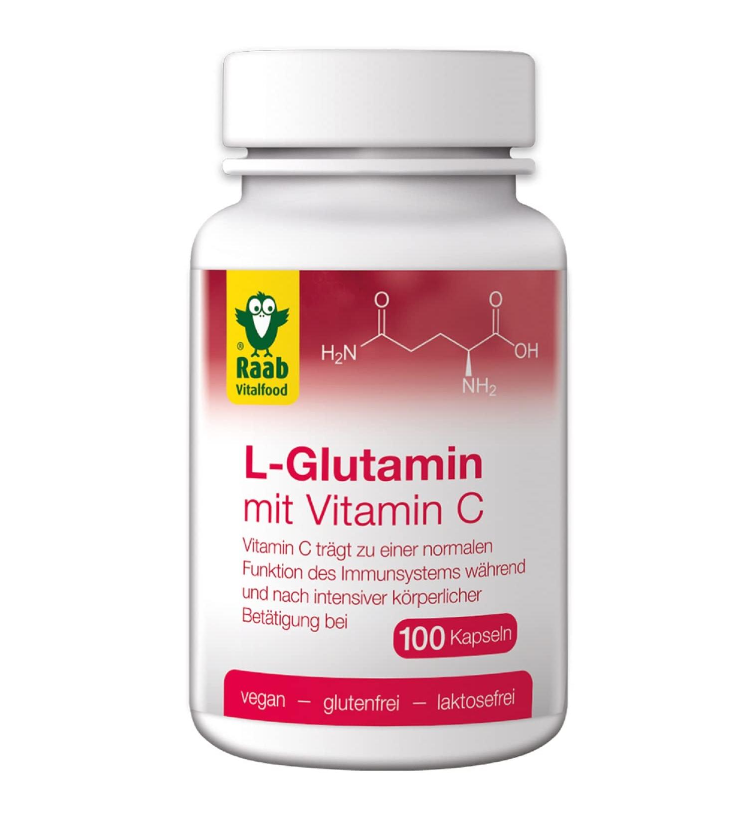 Raab Vitalfood L-Glutamine with natural vitamin C from acerola 100 capsules vegan gluten-free made