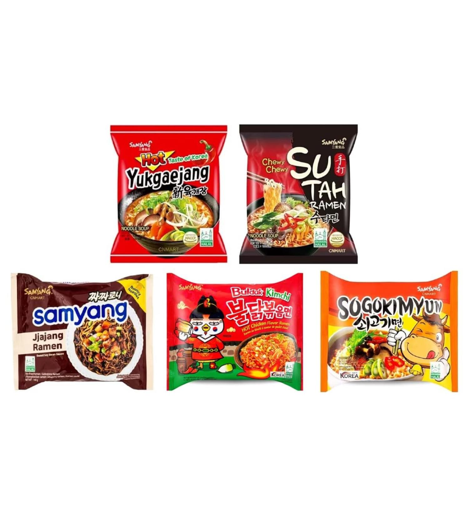 Samyang Korean Instant Noodle Soup Ramen (Hot Chicken Kimchi Sogokimyun Black Bean Yukgaejang SuTah) 5 Different Flavours Halal (Pack of 20) by CNMART - Buy Online on GoSupps.com