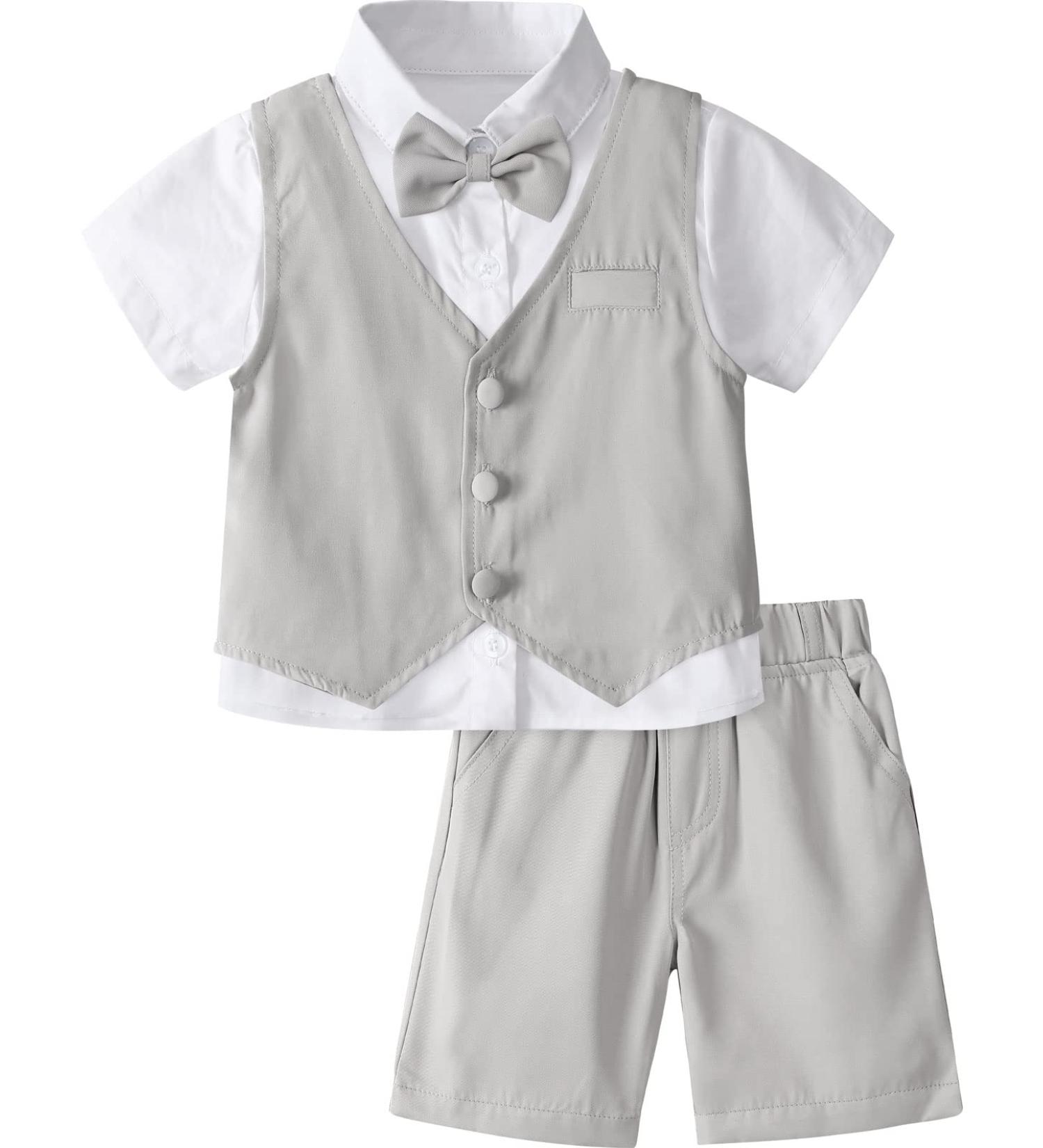 Mint Green Baby Boys Gentleman Suit Set - Shirt, Bowtie, Waistcoat & Shorts | Light Grey | Size 3-4 Years - Buy Online on GoSupps.com