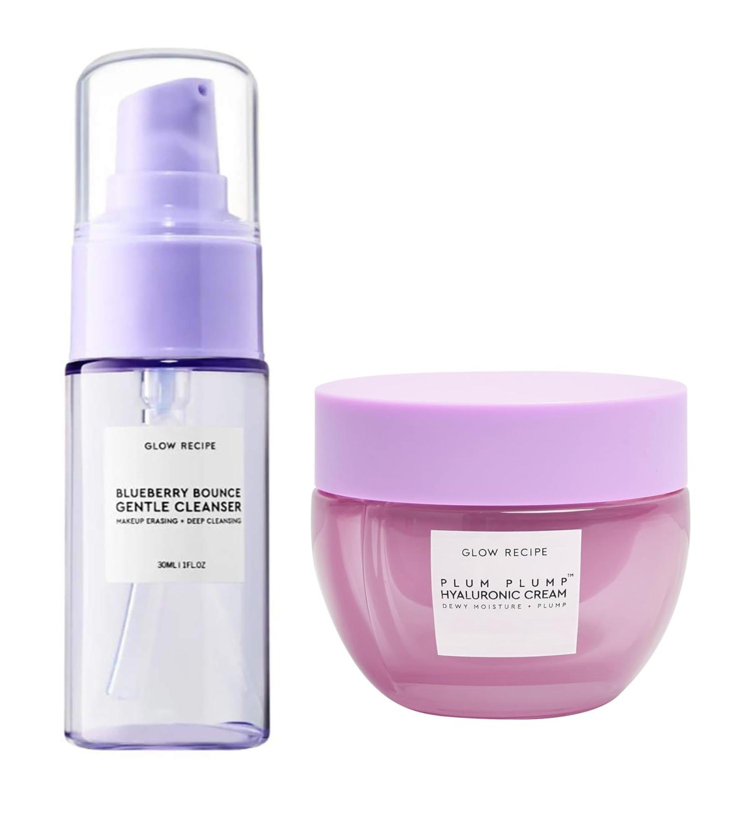 Glow Recipe Blueberry Bounce Gentle Face Cleanser - Moisturizing Makeup Remover & Foaming Face Wash (30 ml) + Plum Plump Hyaluronic Acid Face Cream for Dry Skin (20 ml) - Buy Online on GoSupps.com
