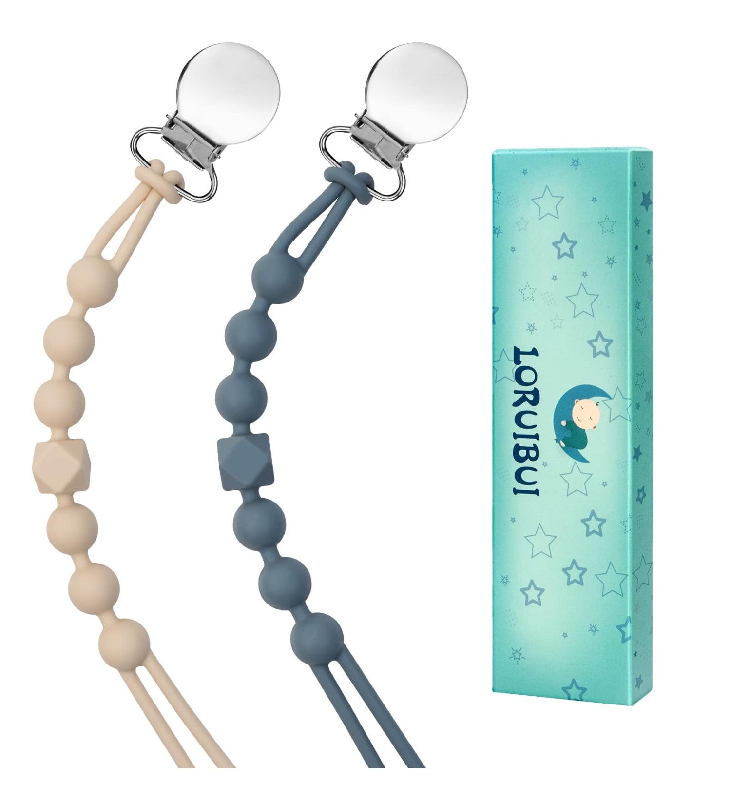 LORUIBUI Pacifier Clips for Boys - Silicone Paci Clip Set for Teething Relief - 2 Pack Beige+Grey - Baby Shower or Birthday Gift - Buy Online on GoSupps.com
