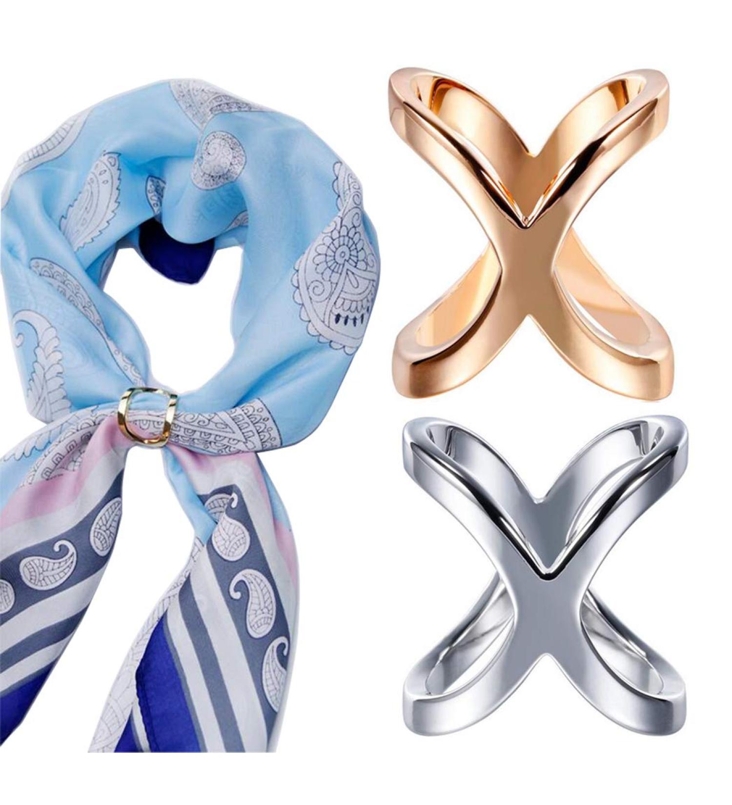 2PCS Gold & Silver X Shaped Scarf Ring Buckle Set | Fashion Silk Scarf Clasp Clips for Women | Clothing Wrap Holder and Decoration Accessory - Buy Online on GoSupps.com