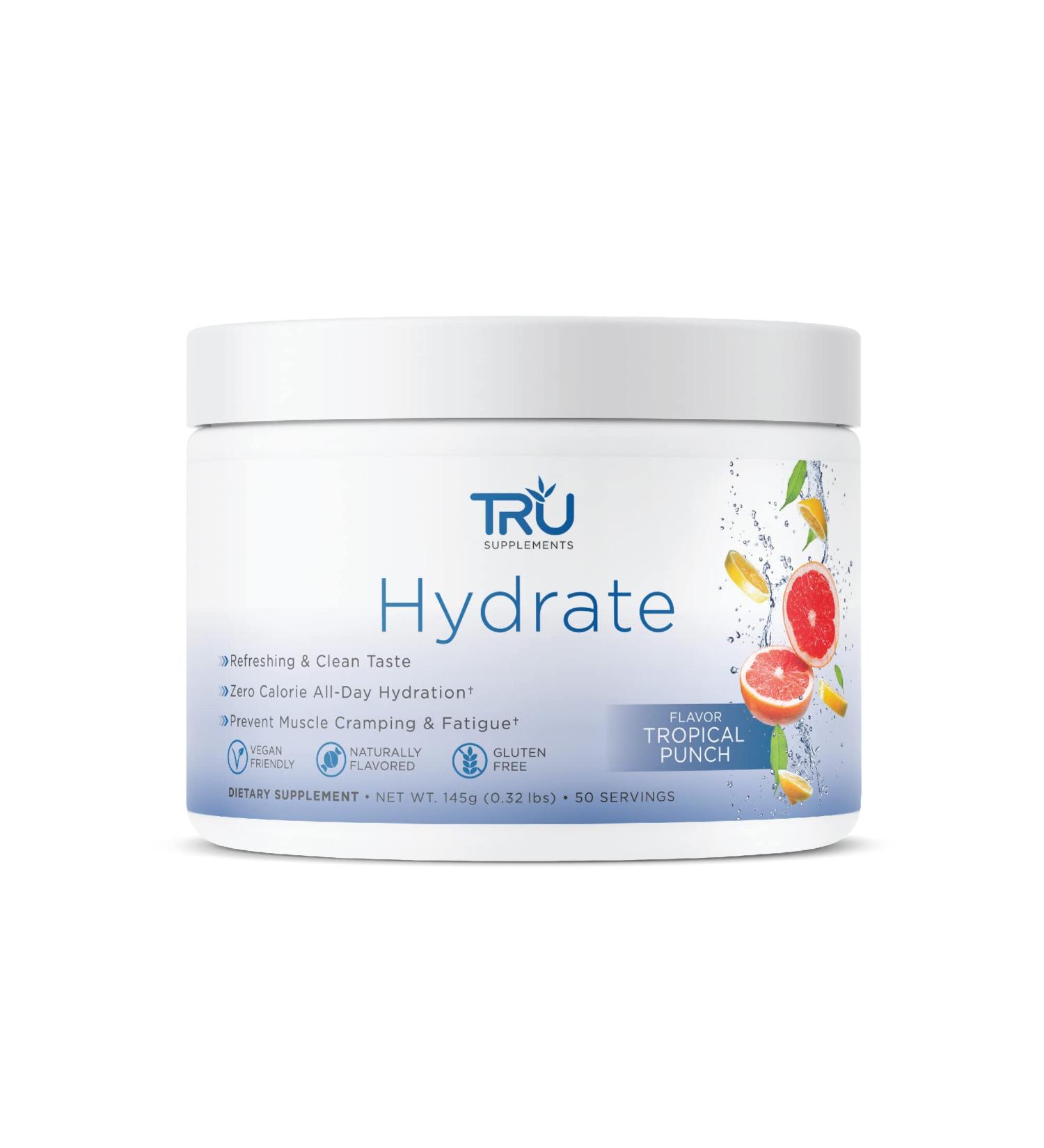 TRU Hydrate Electrolyte Hydration Powder | Tropical Punch | 50 Servings | Keto Friendly - Sugar Free, 0 Calories, 0 Carbs - Buy Online on GoSupps.com
