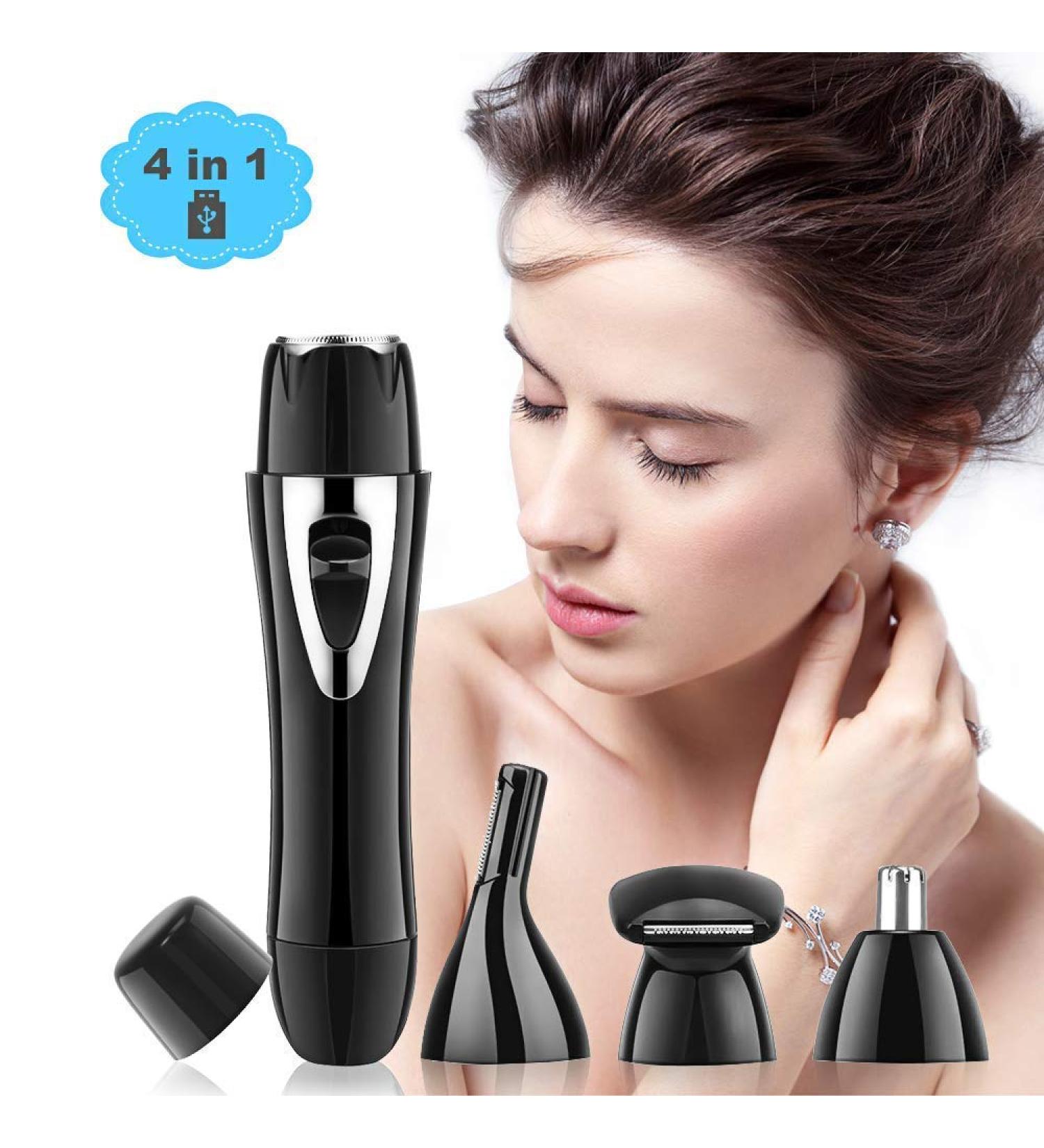 Painless 4 in 1 USB Rechargeable Waterproof Facial Hair Trimmer for Women - Eyebrow & Nose Hair Removal (Black) | International Shipping Available - Buy Online on GoSupps.com