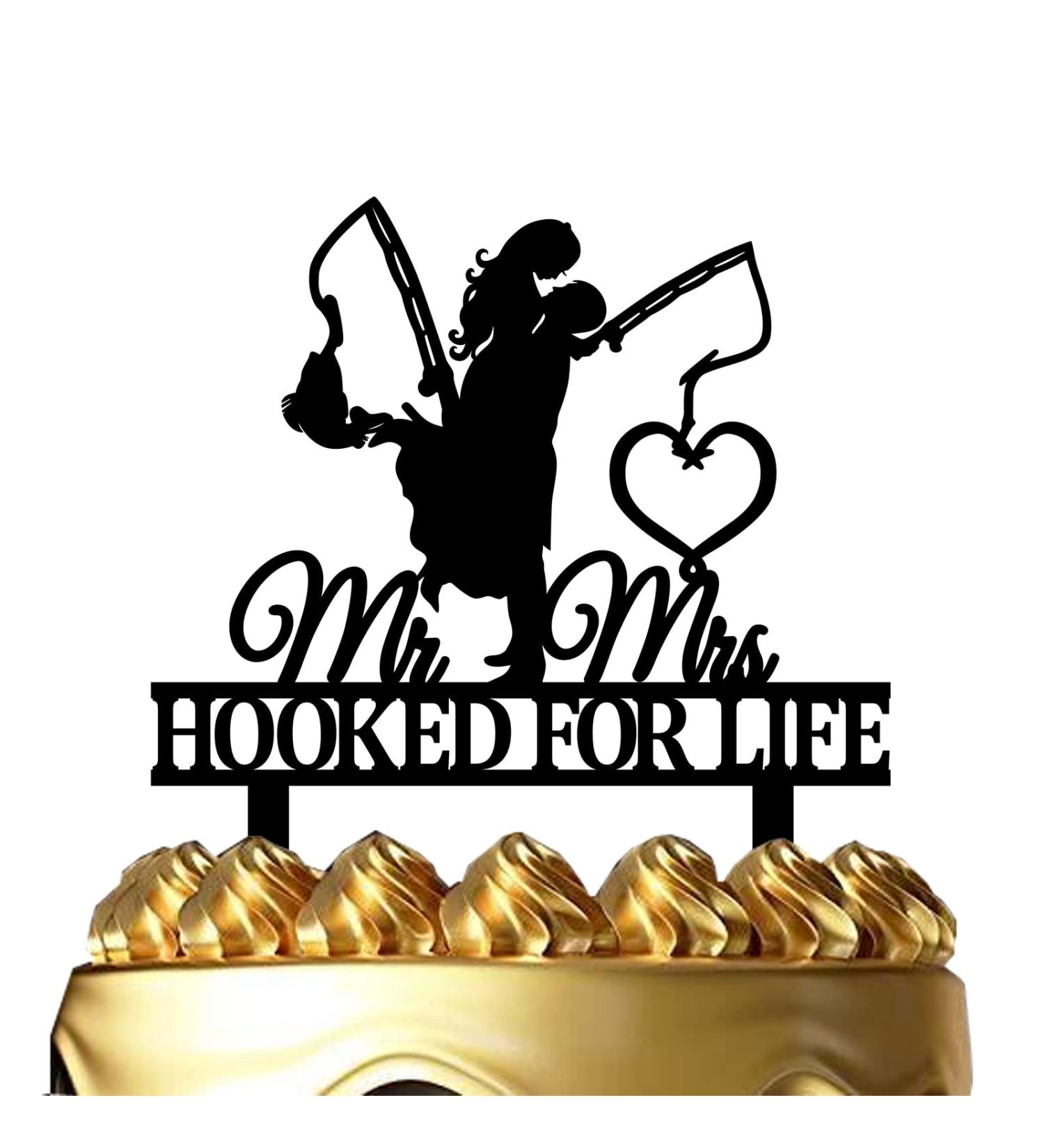 Funny Fishing Wedding Cake Topper - HOOKED FOR LIFE - Groom Hugging Bride Fishing Couple Cake Topper Mr&Mrs Wedding Cake Topper (Fishing Couple) - Buy Online on GoSupps.com