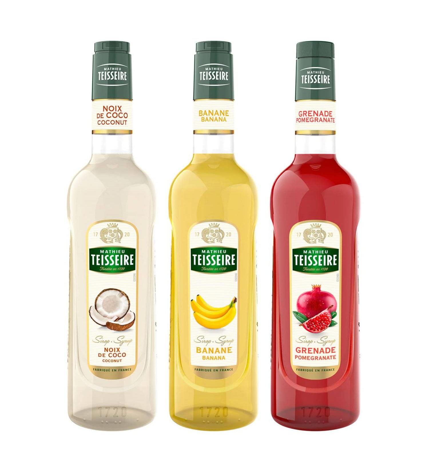Teisseire exotic syrups - Coconut 70cL, Banana 70cL, Pomegranate 1L