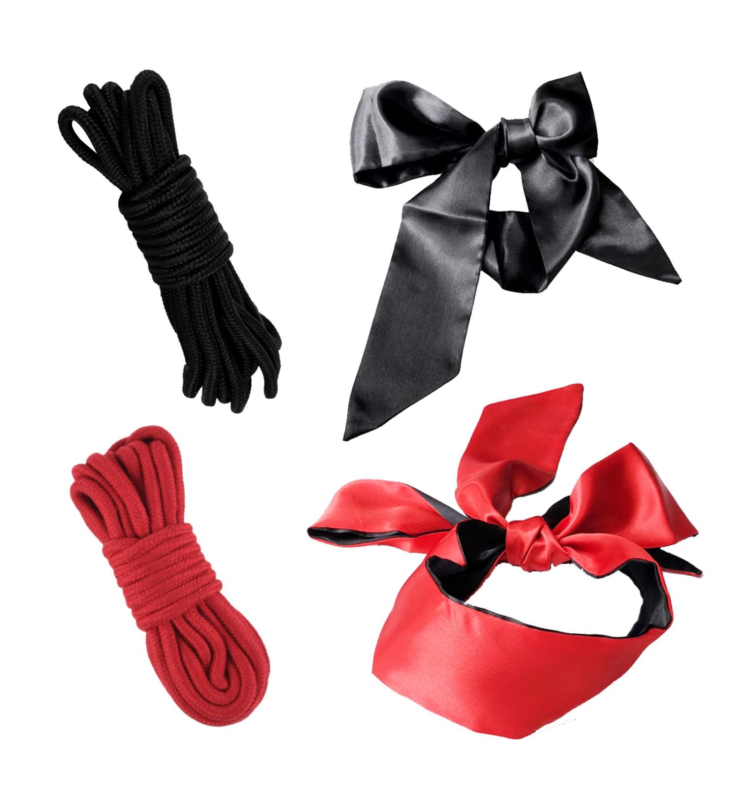Soft Cotton Rope Set 5m x 8mm + Silk Blindfold Eye Mask for Sleeping Games - Black/Red - Buy Online on GoSupps.com