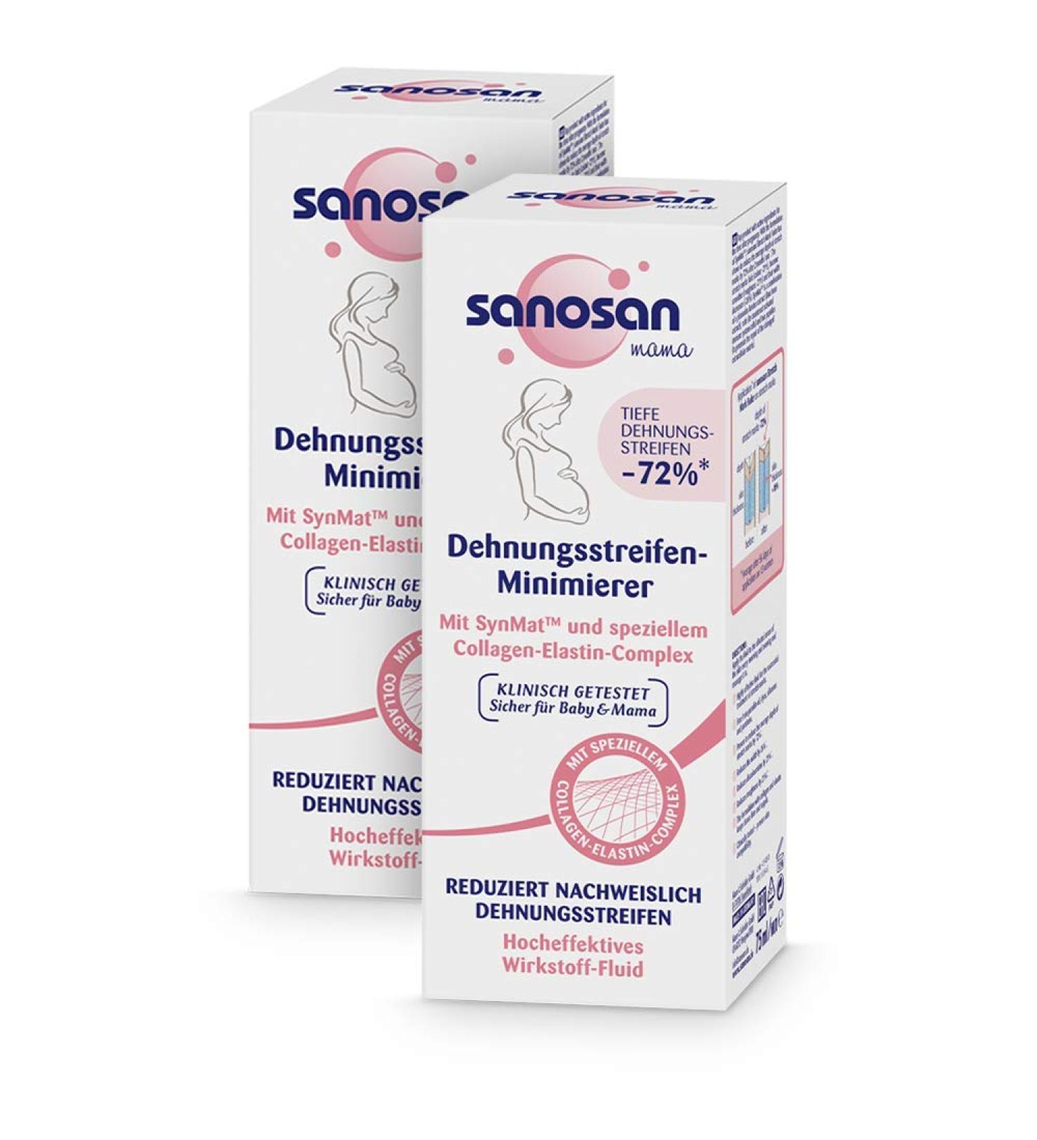 Sanosan Expansion Strips Minimier - Clinically Tested Stretch Mark Reduction Cream (2x75ml) - Paraffin Oil Dye & Silicone Free - Post-Pregnancy Care - Buy Online on GoSupps.com