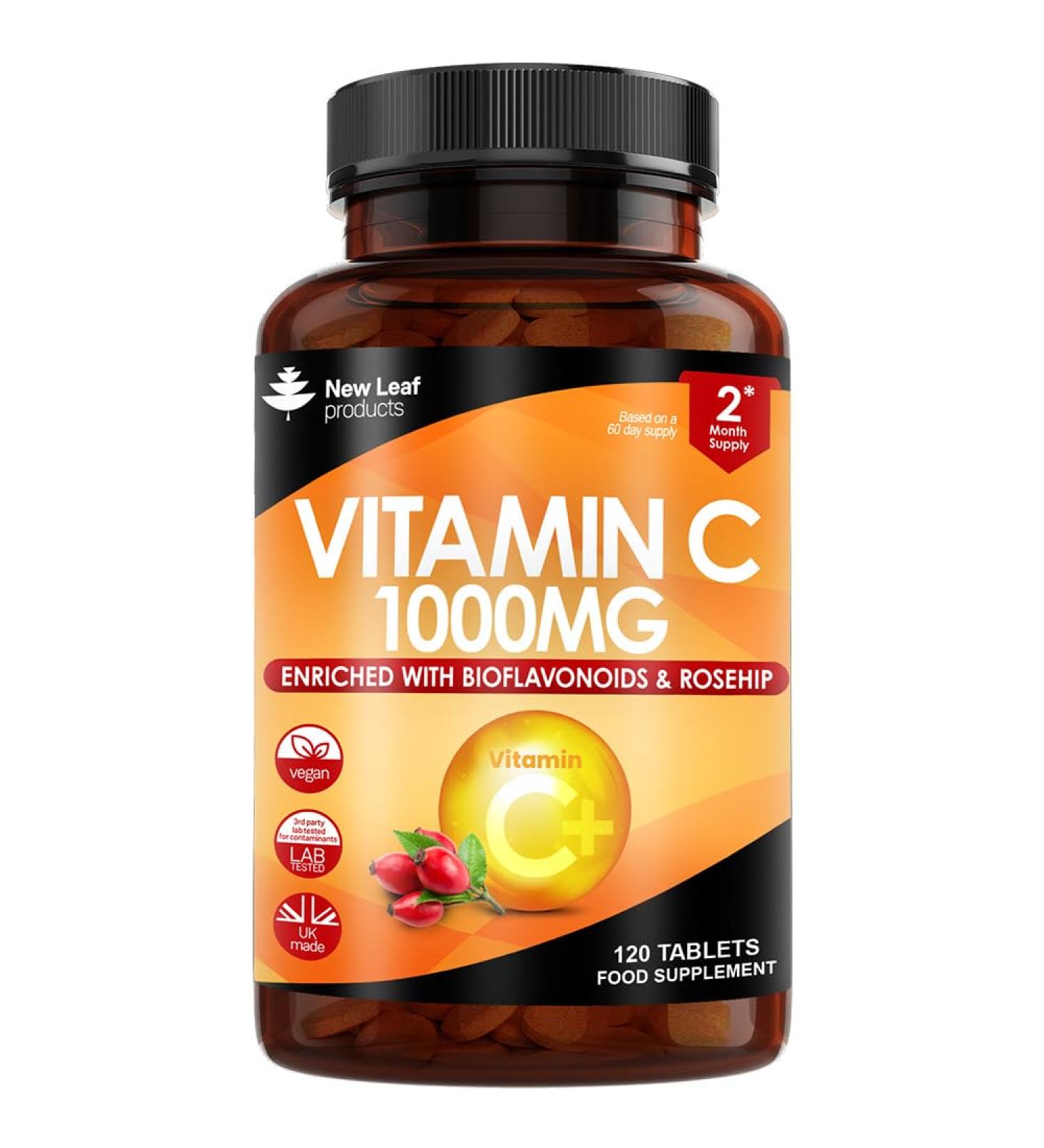 Premium 1000mg Vitamin C Tablets with Bioflavonoids & Rosehip - Vegan & Vegetarian - High Strength Ascorbic Acid - 120 Count - UK Made - Buy Online on GoSupps.com