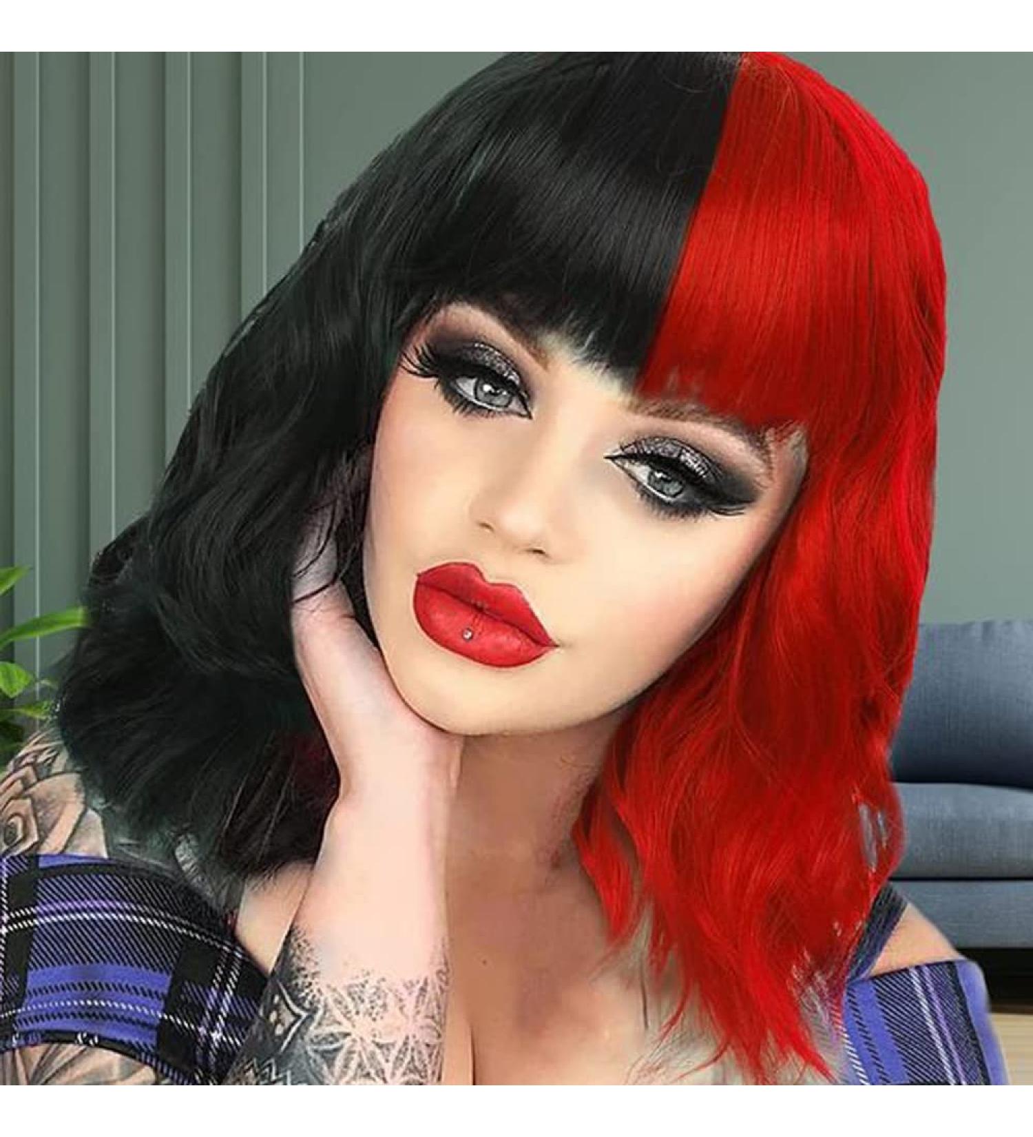 Creamily 14 Inches Black Red Wig for Women Girls Short Curly Synthetic Wig with Bangs Lovely Black and Red Bob Wavy Wig Cosplay Party Halloween Wig for Women E-Black and Red - Buy Online on GoSupps.com