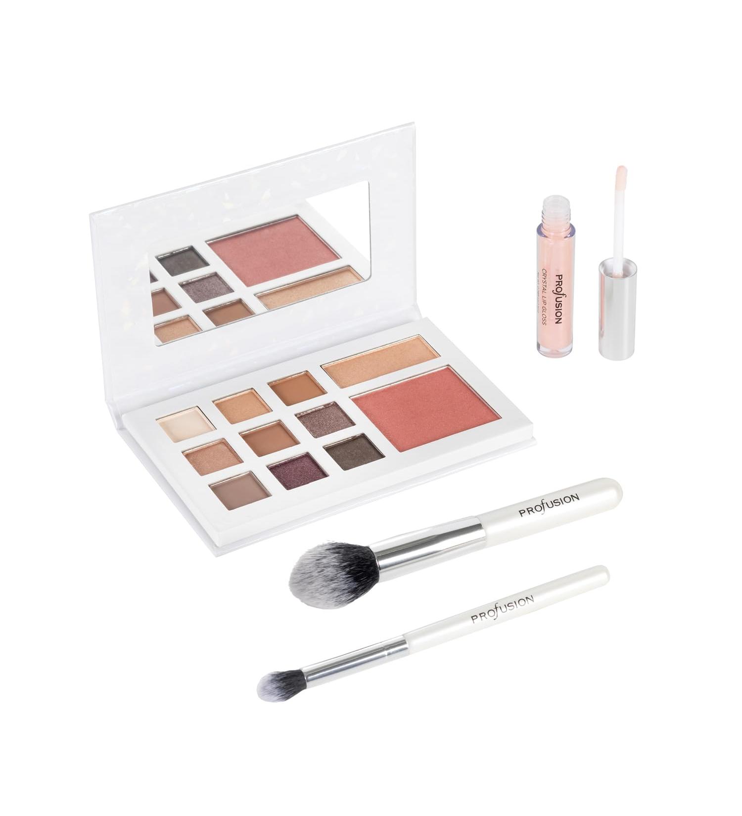 Profusion Cosmetics White Crystals Beauty Box Makeup Shades Lip Gloss & Brushes | Perfect Gift for Makeup Lovers - Buy Online on GoSupps.com