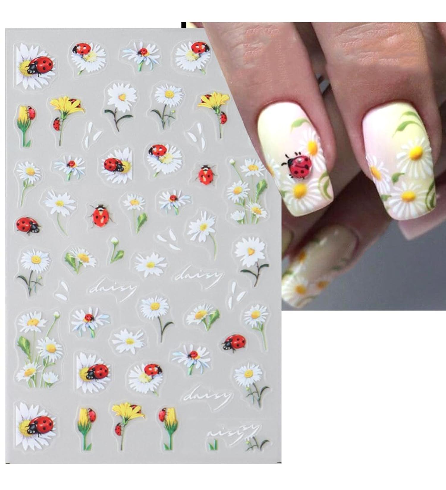 2pcs 3D Ladybug Stickers Insect Leaf Designs Nail Art Decorations Foil Decals Wraps Sunflower Manicure Tips Accessories Decoraciones Nail Stickers for Nail Art (bug stickers) (bug flower stickers)