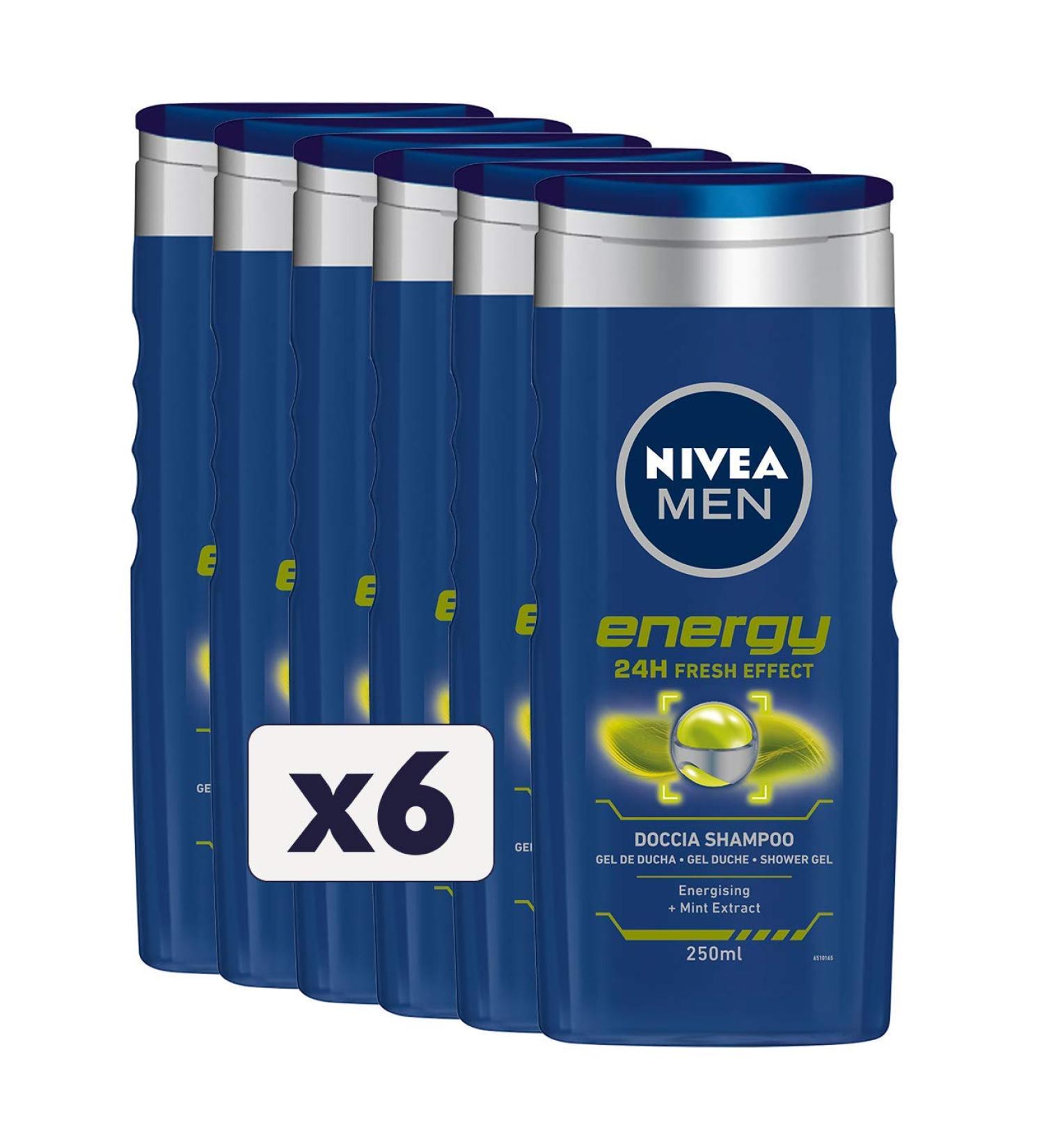 NIVEA MEN Energy Shower Shampoo 6 x 250 ml Men's Shower Revitalizing Body Face Hair Shower and Refreshing Men's Shampoo Mint Extract - Buy Online on GoSupps.com