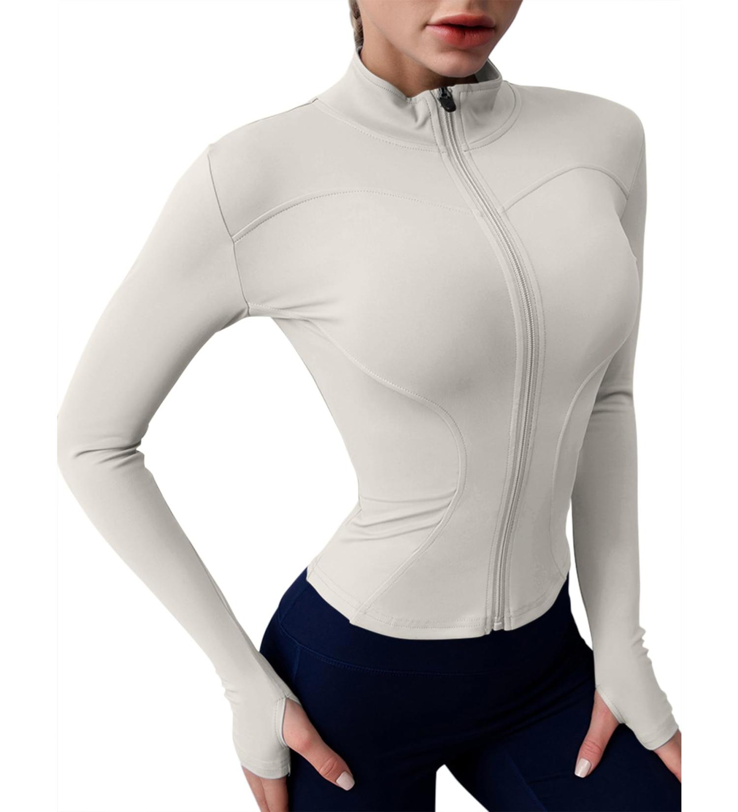 Rapbin Women's Running Jacket - Breathable Sports Gym Top with Thumb Hole - Light Ivory Gray Fitness Training - Buy Online on GoSupps.com