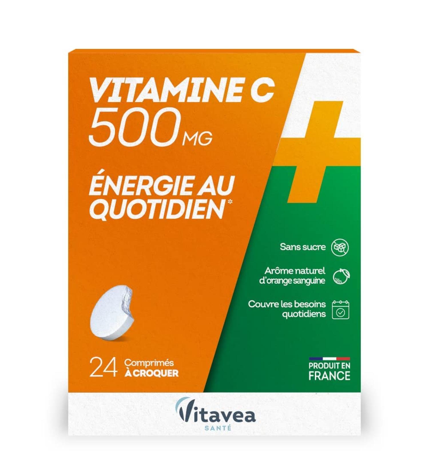 Vitavea - Vitamine C 500 mg - booster sans sucre arome naturel orange sanguine - fabriqu en France - 24 comprim s croquer Vert 24 unit (Lot de 1)