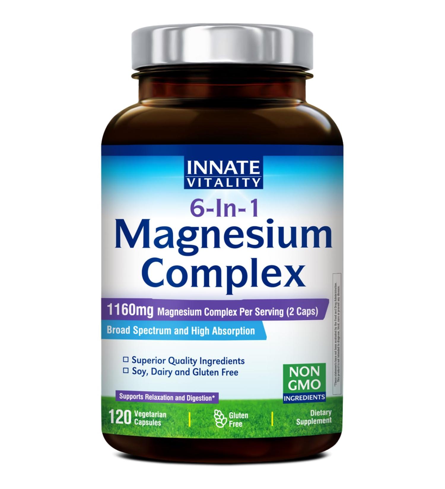 Innate Vitality Magnesium Complex 6-in-1 1160mg Per Serving Rest & Digestion Magnesium Glycinate & Citrate High Absorption 120 Vegan Capsules 120 Count (Pack of 1) - Buy Online on GoSupps.com