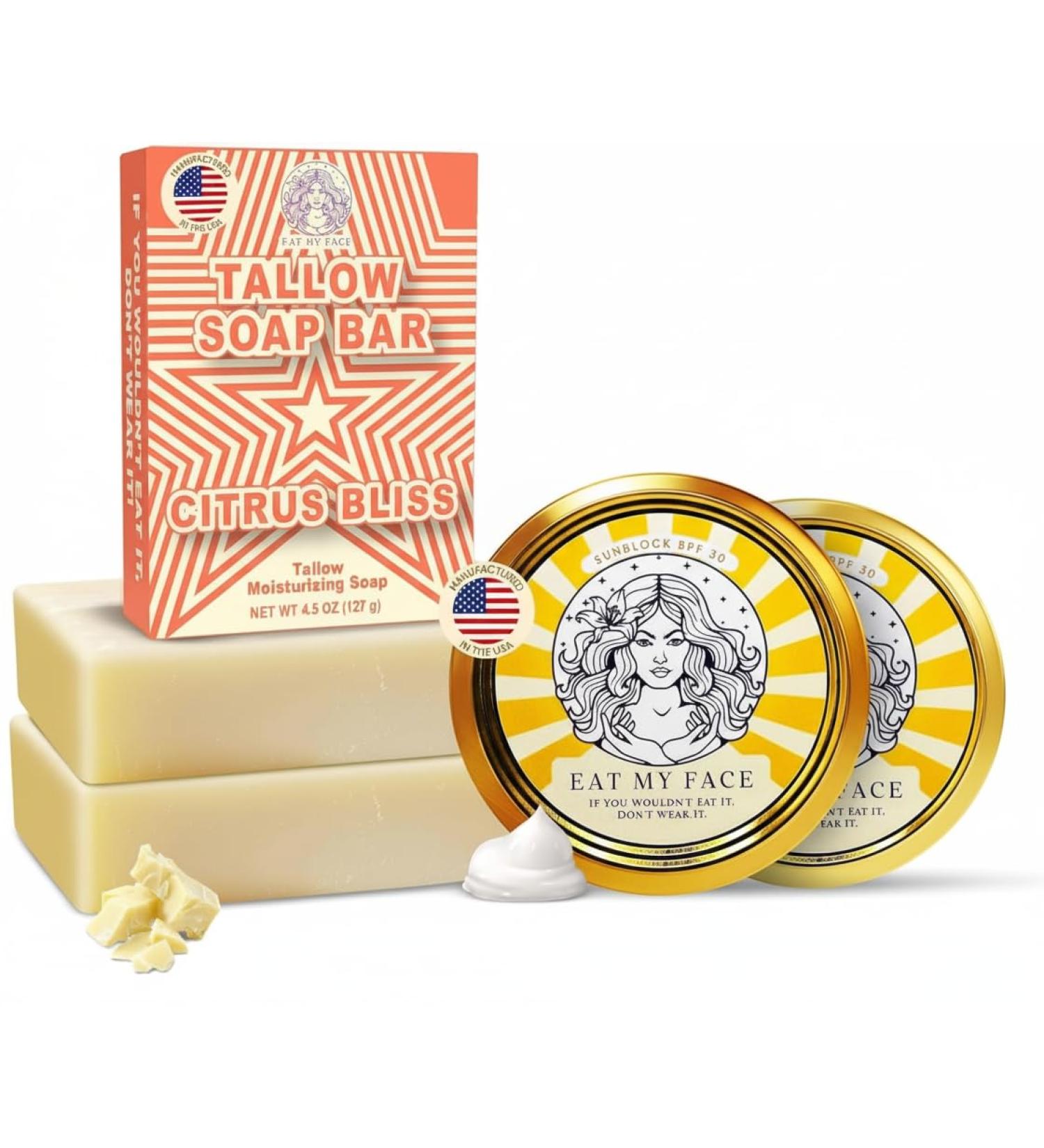 Eat My Face 2 Beef Tallow Sunscreens SPF 30 & 2 Beef Tallow Soaps Bundle Organic Sunscreen for Face with Non Nano Zinc Oxide Citrus Bergamot Soap Bar Moisturizing Handmade Tallow Soap - Buy Online on GoSupps.com
