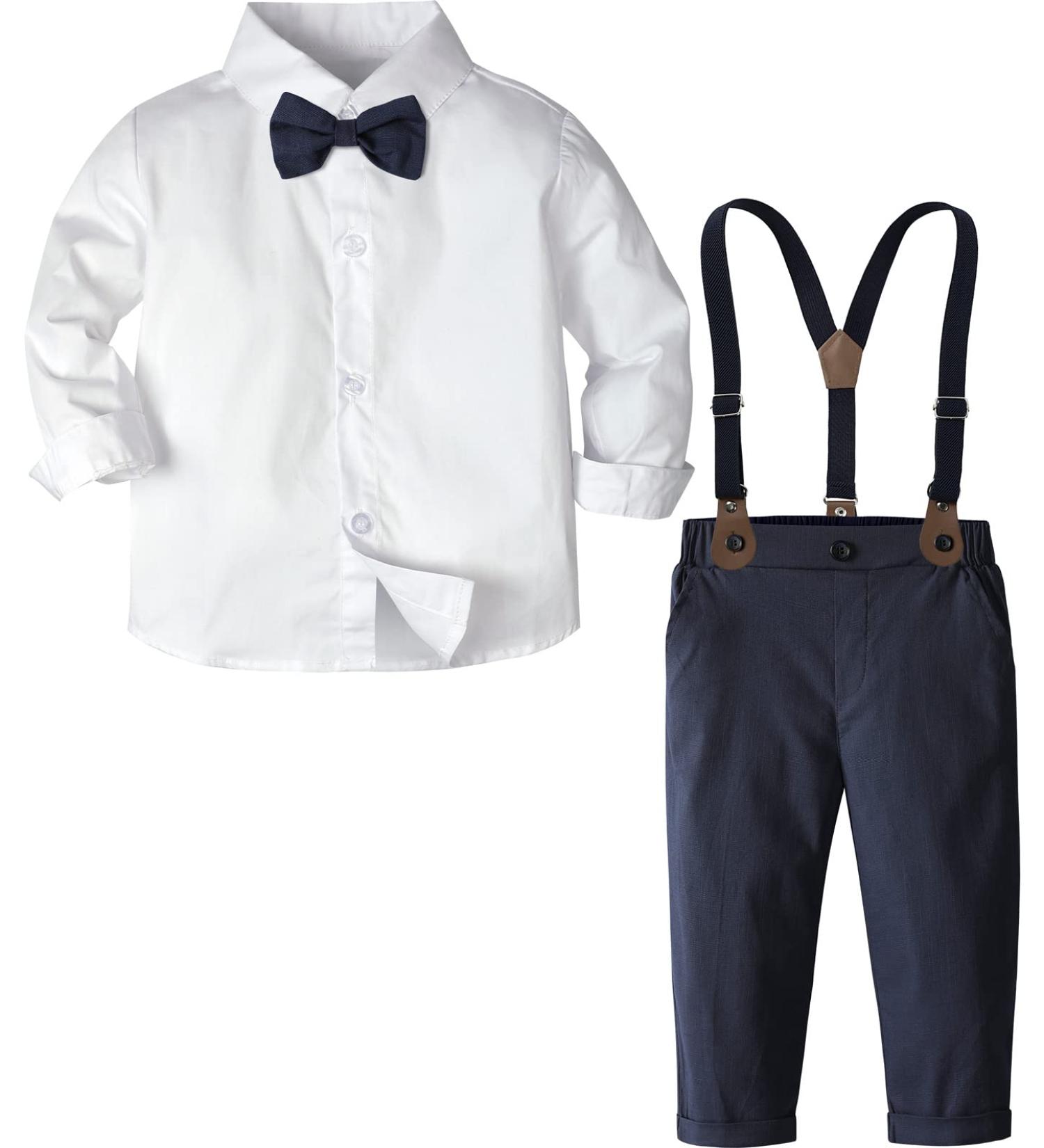 Mint Green Baby Boy Outfit Set | 4pcs Gentleman Wedding Suit 2-3 Years | Long Sleeve Striped Shirt, Pants, Suspenders, Bowtie | White Blue - Buy Online on GoSupps.com