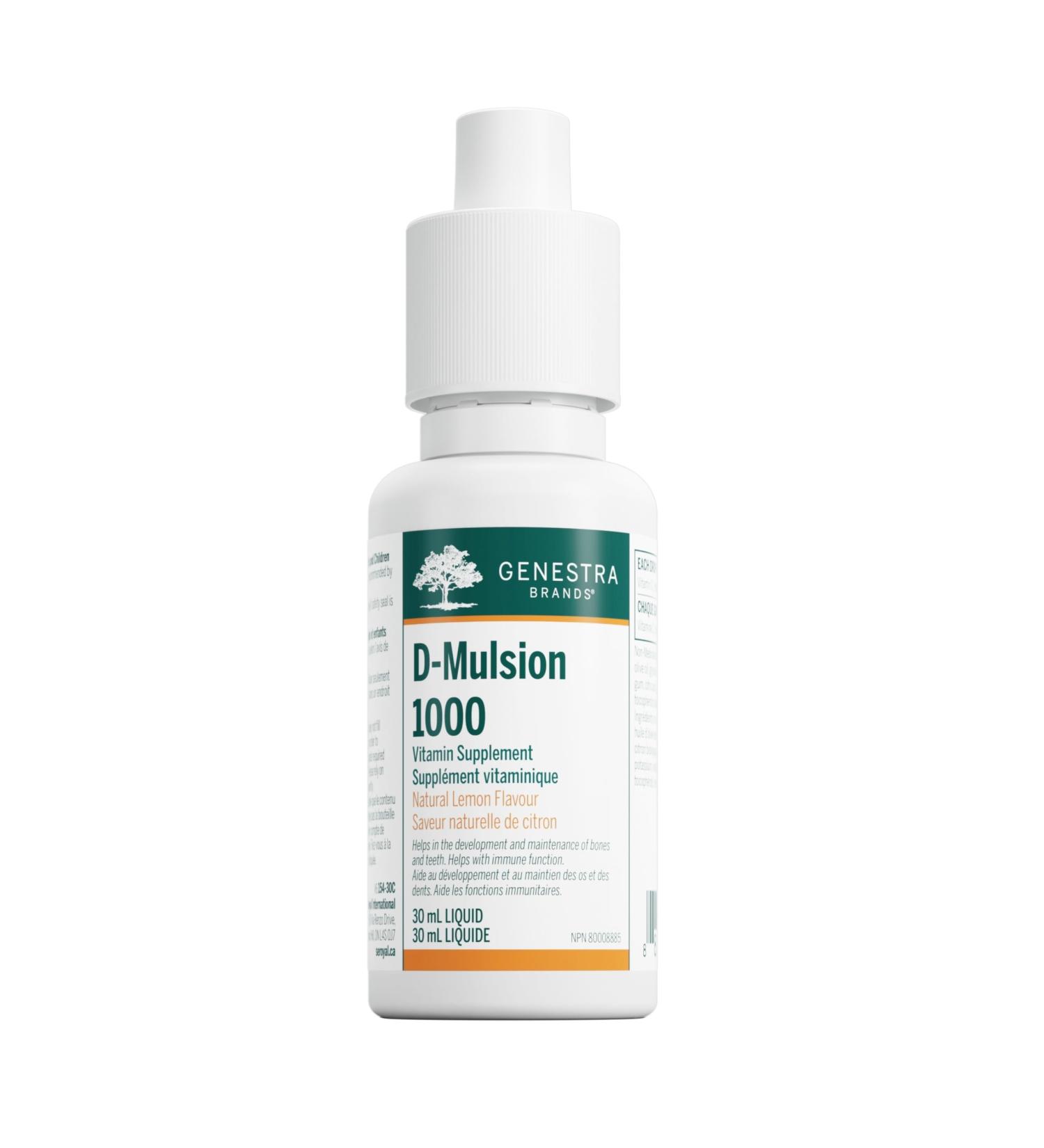 Genestra Brands D-Mulsion 1000 IU - Liquid Vitamin D3 - For Healthy Bones & Teeth - Immune Function Support - Non-GMO Gluten Free & Dairy Free - 30 mL - Natural Lemon Flavour - Buy Online on GoSupps.com