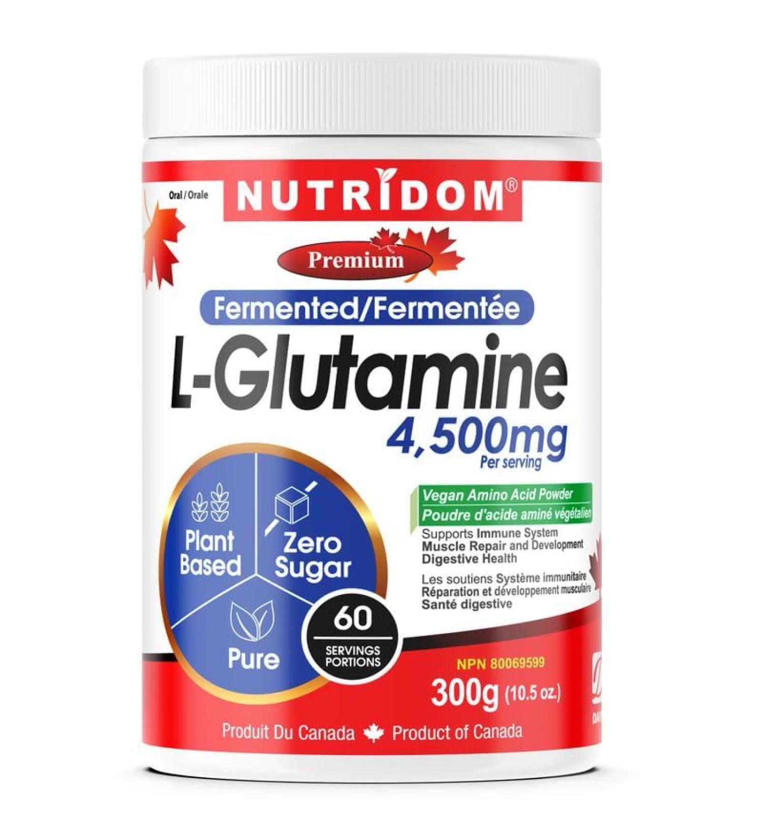 Nutridom L-Glutamine Powder 4 500 mg Fermented Plant Based Unflavoured Vegan Amino Acid Supplement for Gut Health & Immune Function Gluten free Soy free and Dairy free 60 Servings 300 g - Buy Online on GoSupps.com