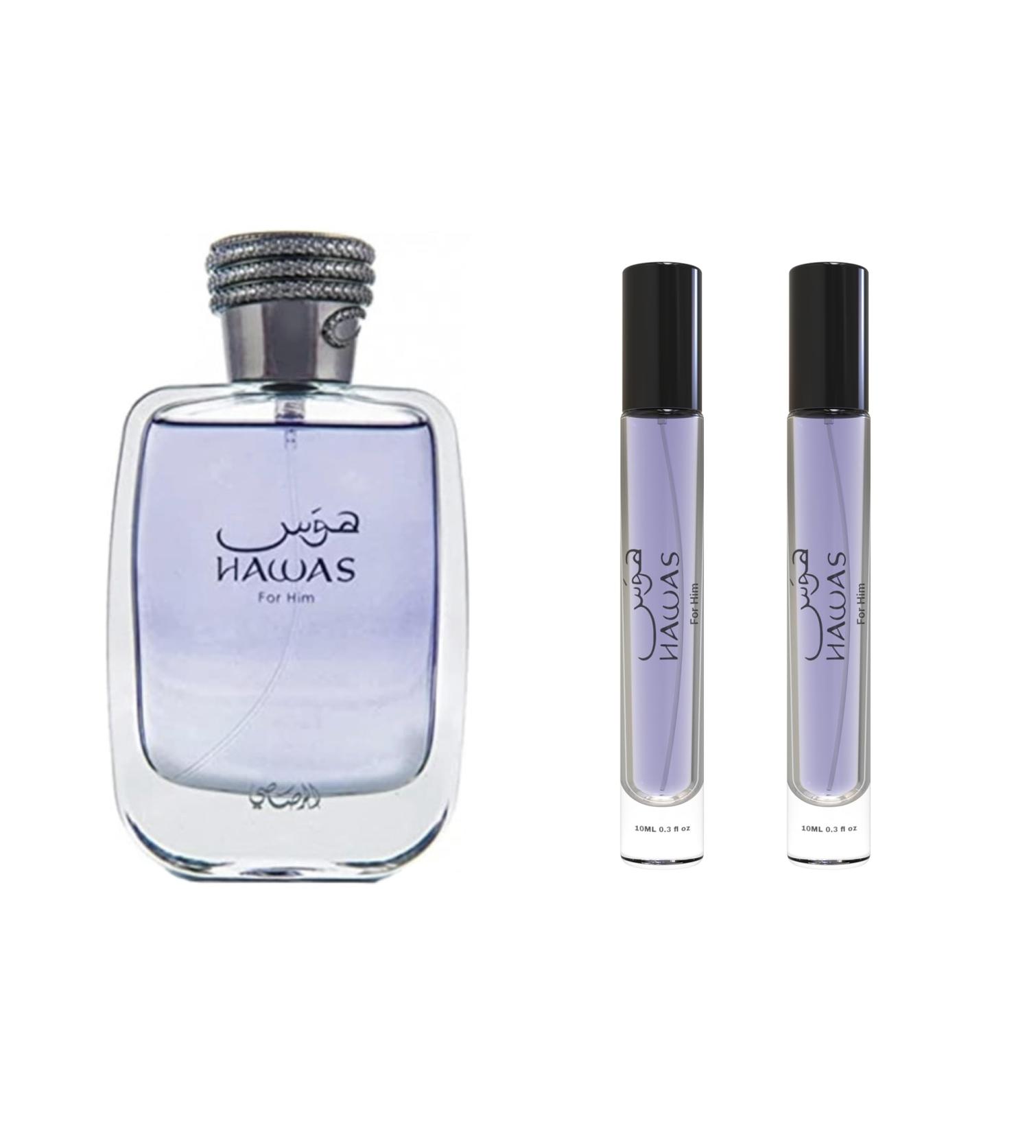 HAWAS FOR MEN Eau de Parfum Spray- Edition Travel Size - Long Lasting Fragrance Spray Aquatic Scent Designed to Embody Masculine 100% Original ( Pack 2 bottles 10 ml) large bottle not included - Buy Online on GoSupps.com