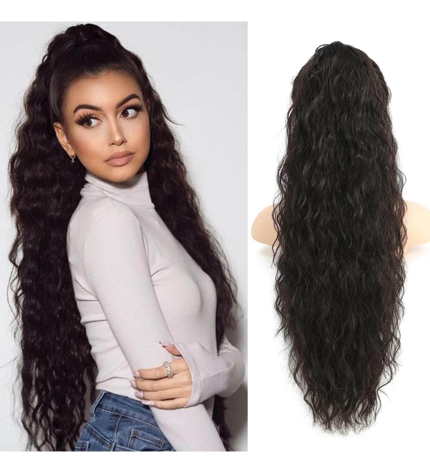 BETHANY 26 Inch Curly Drawstring Ponytail Extension - Synthetic Long Wavy Clip in Hair Extension for Women (Natural Black) - Buy Online on GoSupps.com