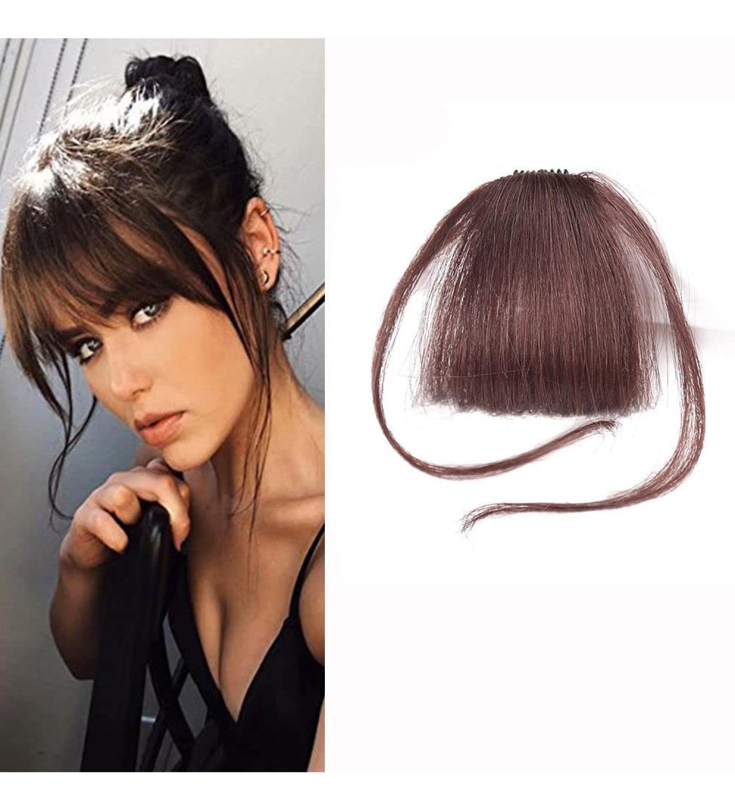 Thin Neat Air Bangs Clip in on Fringe Synthetic Straight Hairpiece Hair Front Extensions (Dark Brown) - Buy Online on GoSupps.com