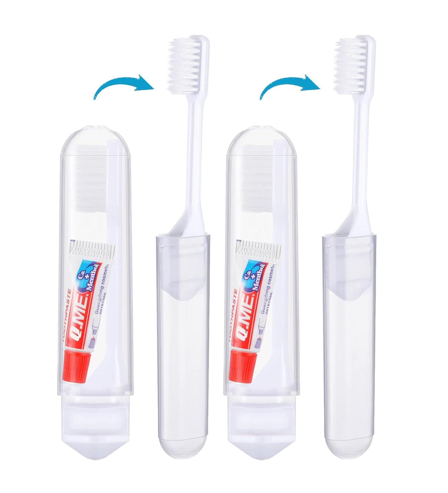 DGUSO Travel Toothbrush Set - 2 Piece Foldable Camping Toothbrush with Soft Bristles & Toothpaste for Adults - Ideal for International Travel - Buy Online on GoSupps.com