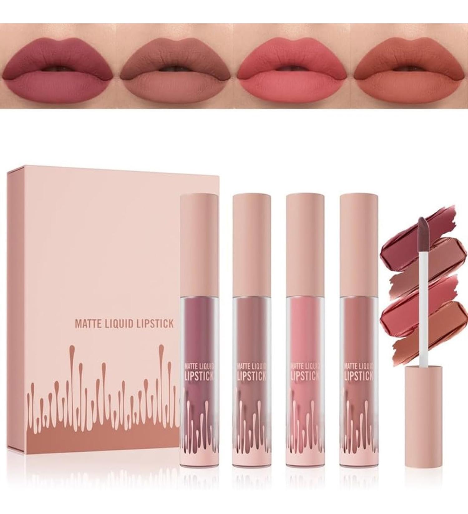 Shop Matte Liquid Lipstick - Long-Lasting Moisturizing Nude Red Tint | Waterproof Lip Gloss | 4 Colors Gift Set - Buy Online on GoSupps.com
