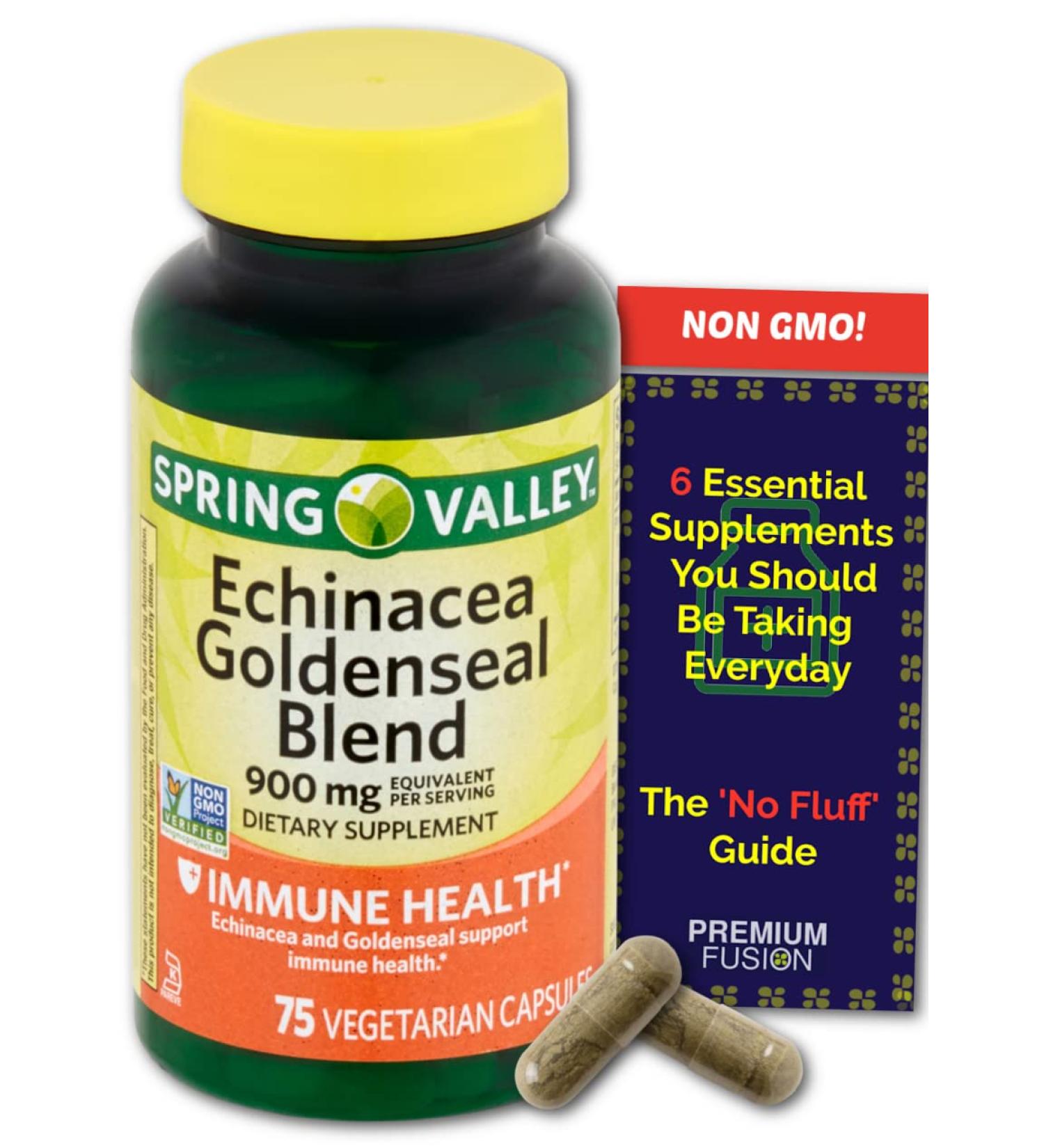 Spring Valley Premium Fusion Echinacea Goldenseal Capsules 900mg 75 Ct + Vitamin Pouch and Supplement Guide - Buy Online on GoSupps.com