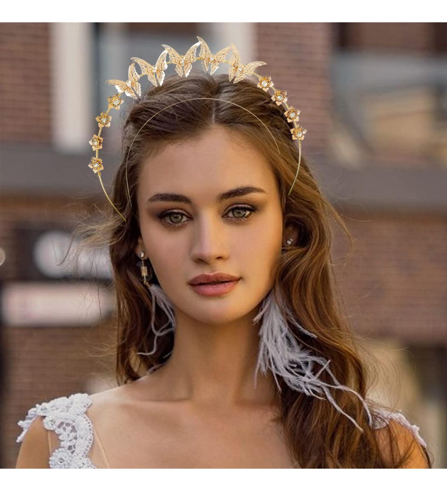 Urieo Butterfly Goddess Halo Crown Headpiece - Gold Crystal Bridal Tiara for Women - Buy Online on GoSupps.com