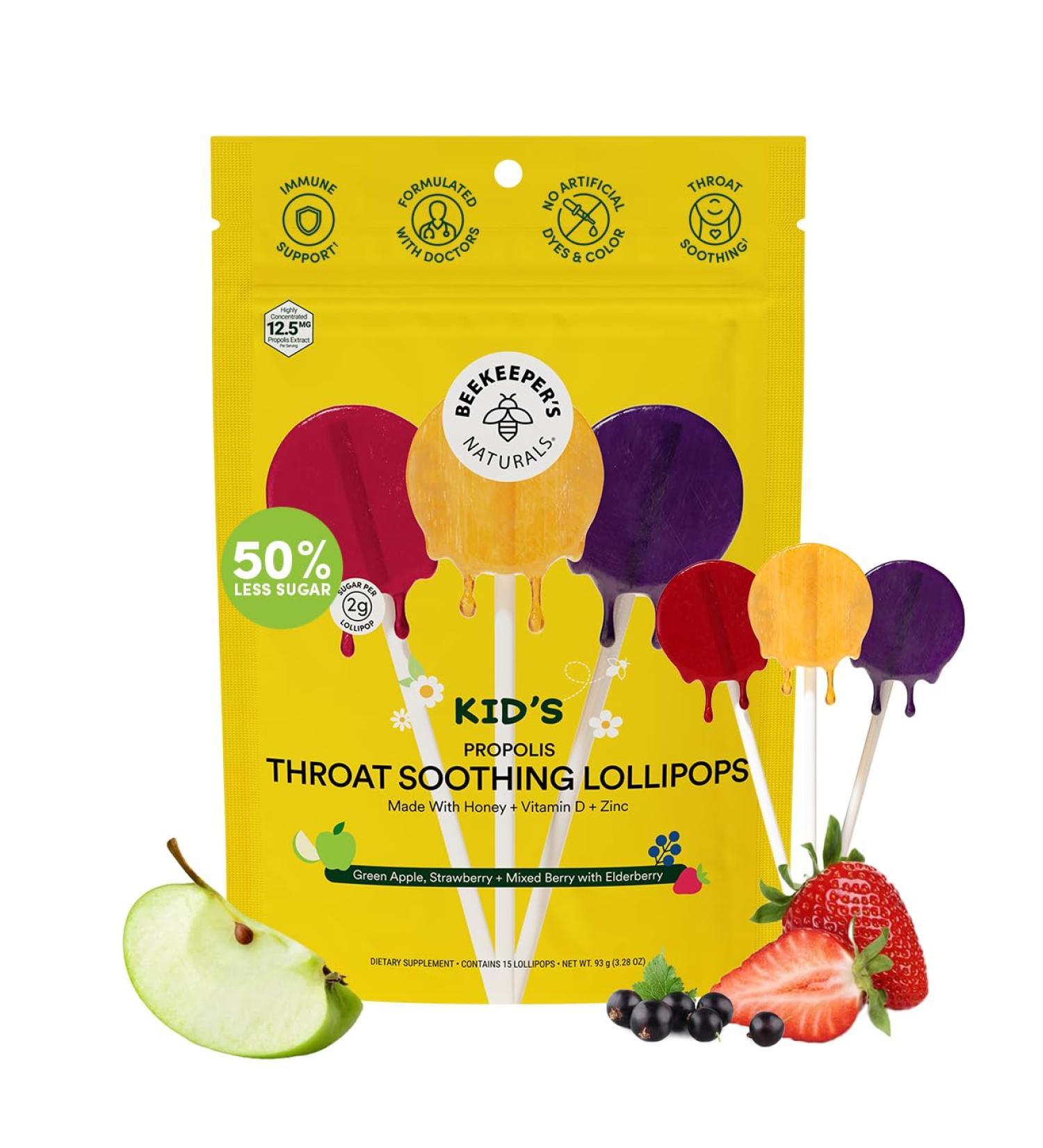 Kids Throat Soothing Lollipops - Beekeeper s Naturals | Doctor Formulated Immune Support Vitamin D & Honey Low Sugar | 15 ct Variety Pack - Buy Online on GoSupps.com