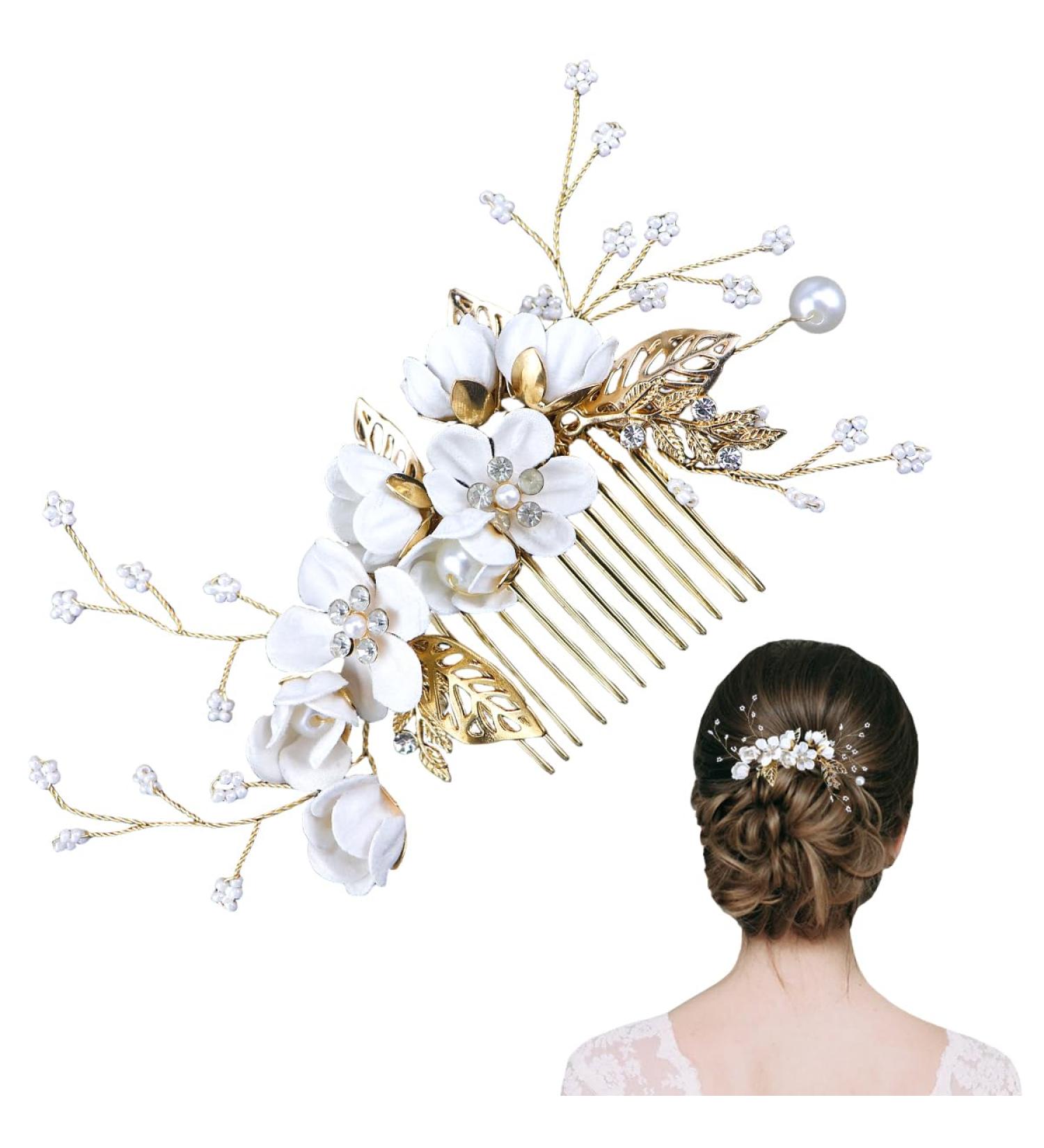 FERCAISH Wedding Hair Comb Flower Crystal Bridal Hair Accessories Pearl Leaf Headpiece for Wedding Bride Bridesmaid (White) - Buy Online on GoSupps.com