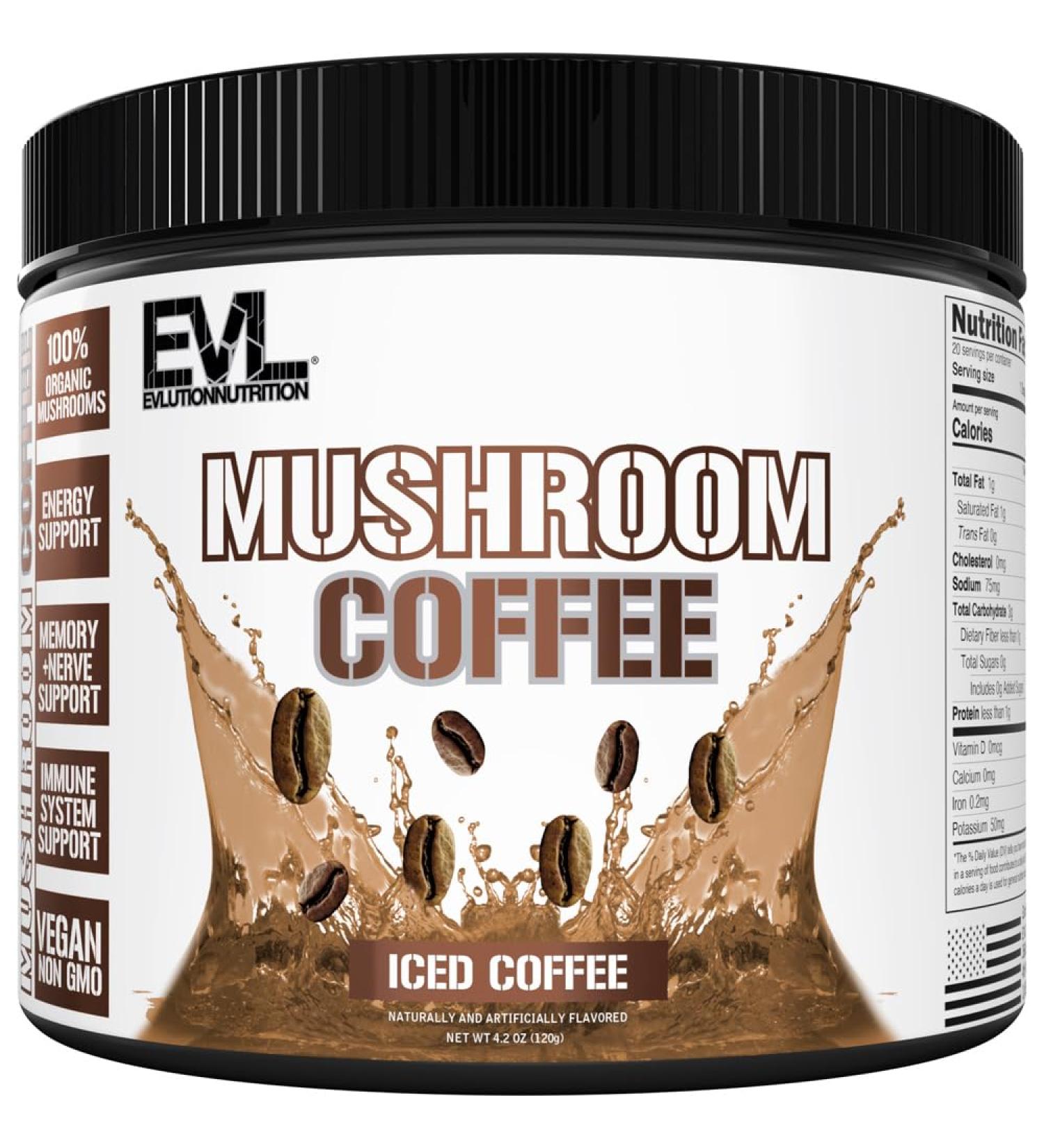 Evlution Nutrition Mushroom Coffee - Energy Nerve & Immune System Support - 100% Organic Reishi Shiitake Lions Mane & Turkey Tail Mushroom Powders - Vegan & Non-GMO - 20 Servings - Iced Coffee - Buy Online on GoSupps.com