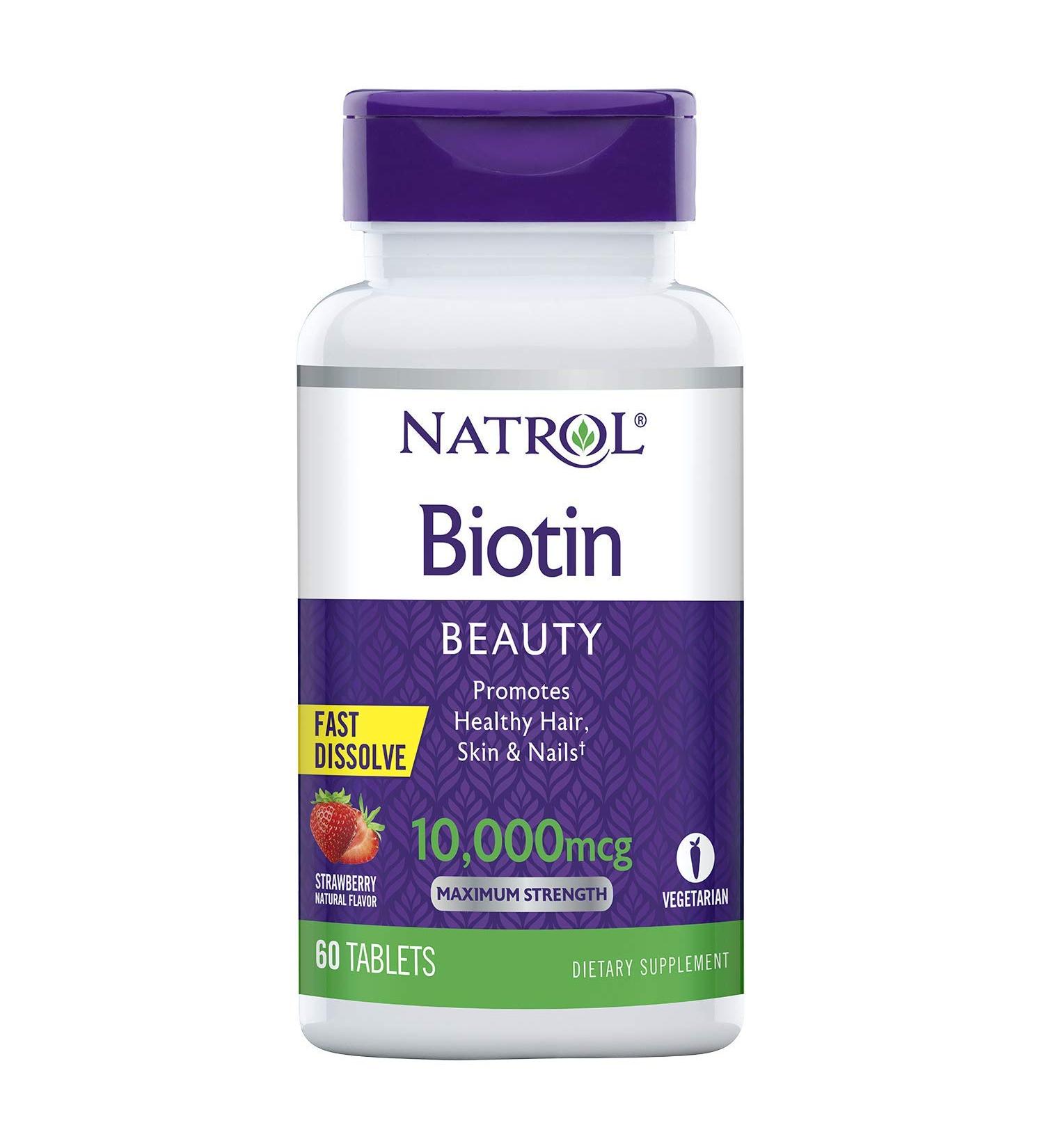 Natrol Biotin Beauty Tablets - 10,000mcg for Healthy Hair, Skin & Nails - 60 Count Strawberry - Buy Online on GoSupps.com
