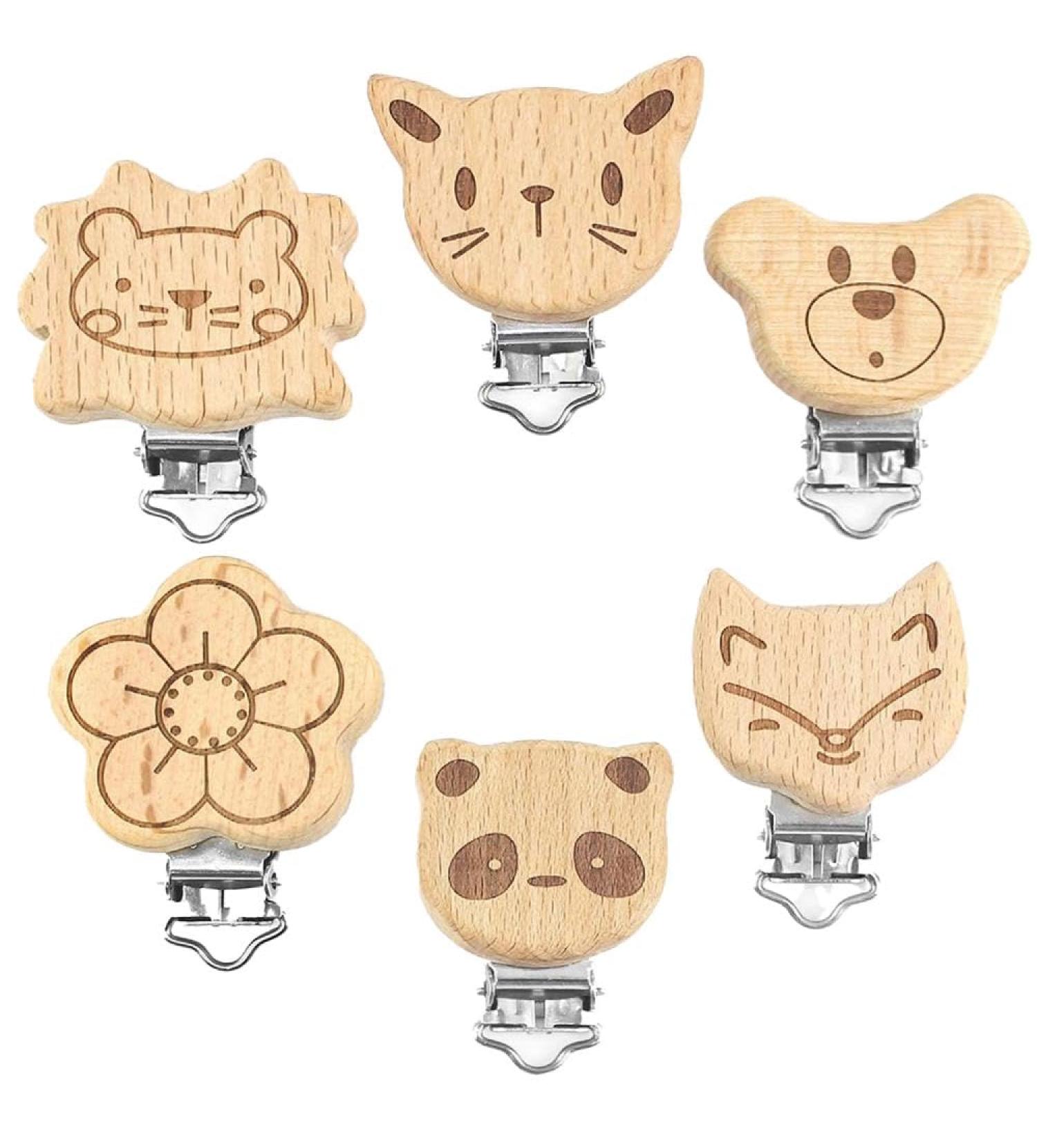 6 Wooden Pacifier Clips - Cute Animal Heart Design Baby Nipple Holder & Pain Relief Toy Accessories - International Shipping - Buy Online on GoSupps.com