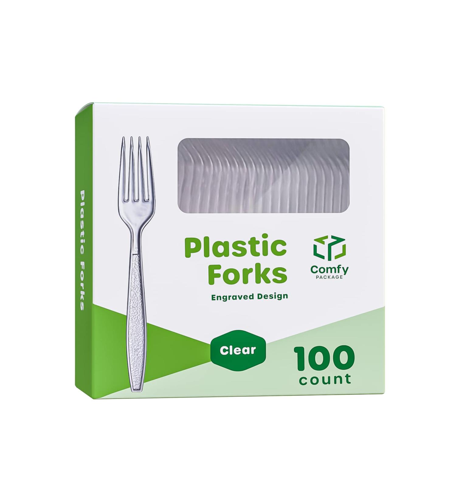 100 Pack Clear Plastic Forks - Heavyweight Disposable Utensils with Elegant Engraved Design - Buy Online on GoSupps.com