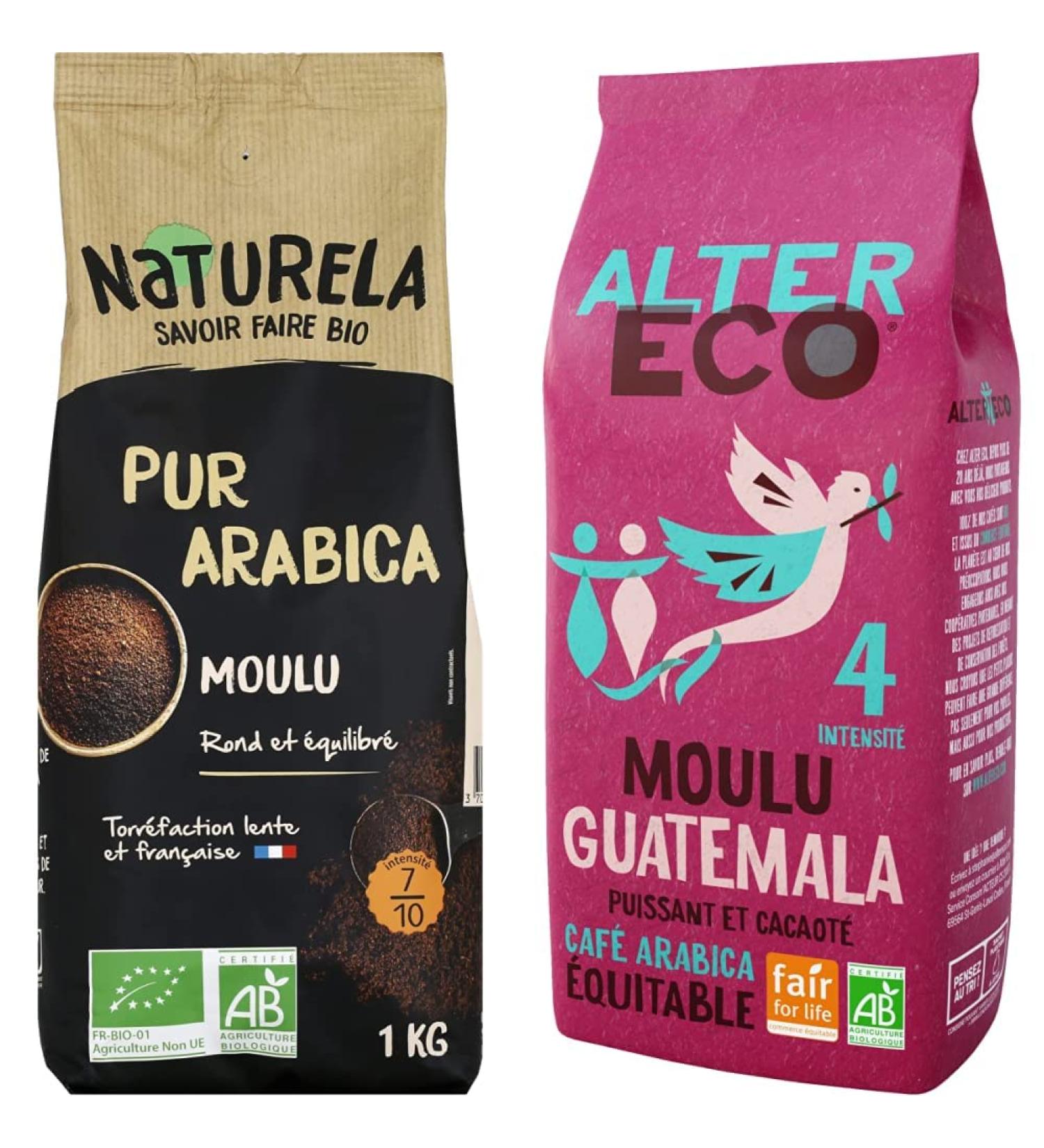 NATURELA - Caf Bio Moulu Arabica Torr faction Lente Fabriqu en France (1 kg) & ALTER ECO - Caf Moulu Arabica du Guatemala Intensit 4 Commerce Equitable (260g) - Buy Online on GoSupps.com