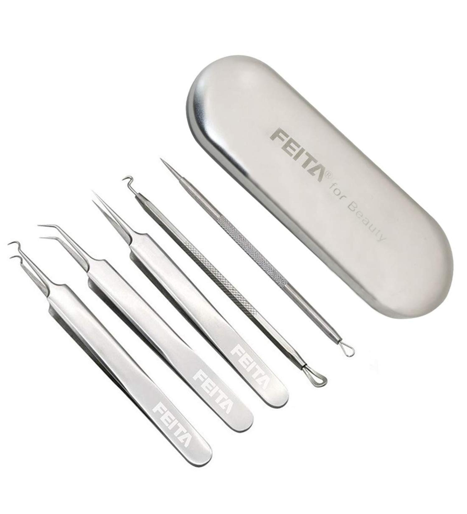 Blackhead Remover Tool Kit - FEITA Acne Pimple Tweezers Comedone Extractor Blemish Removal Tool Set for Facial Whitehead Popping Zit Removing - Buy Online on GoSupps.com