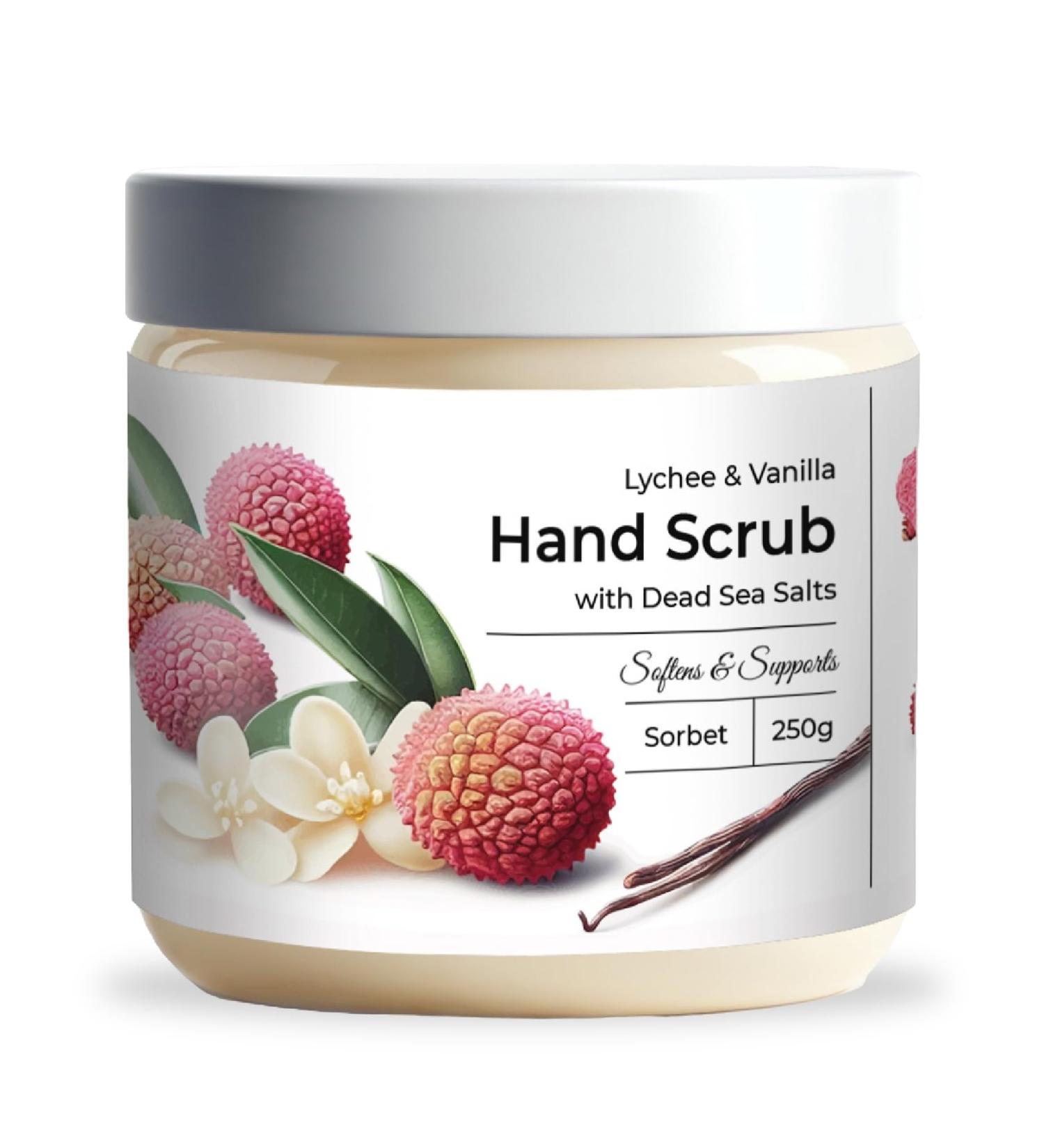 CalmGrace Exfoliating Hand Scrub with Dead Sea Salts Lychee & Vanilla Scent | 7.6oz | Hand Scrub Exfoliator in Sorbet Texture Fortified with Aloe Vera Coconut Oil Vitamin C | Body Care Moisturizer - Buy Online on GoSupps.com