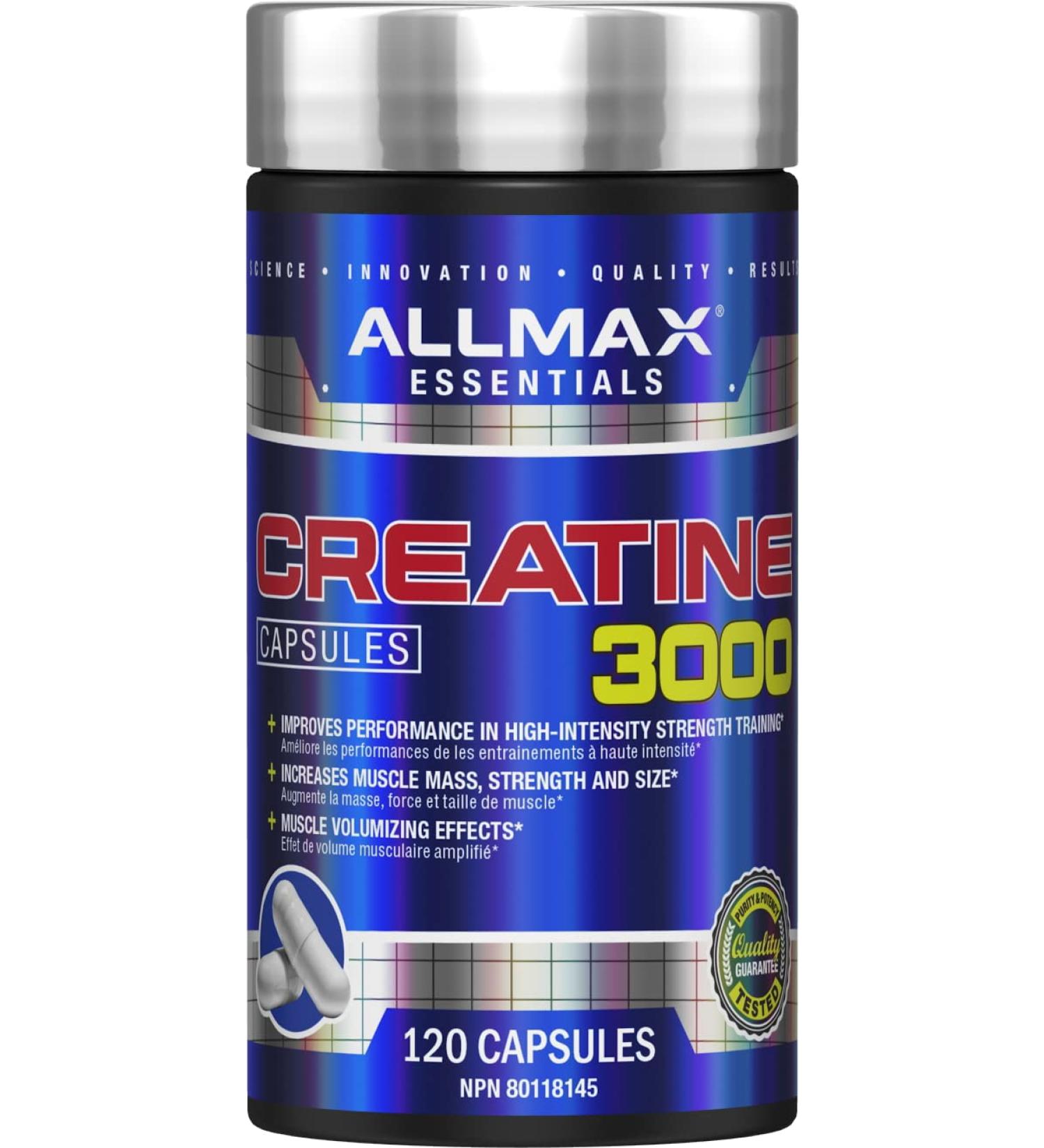 ALLMAX Nutrition - Creatine 3000 Creatine Monohydrate Capsules for Strength and Muscle Recovery Gluten Free & Fast Absorbing 3000 mg 120 Capsules - Buy Online on GoSupps.com