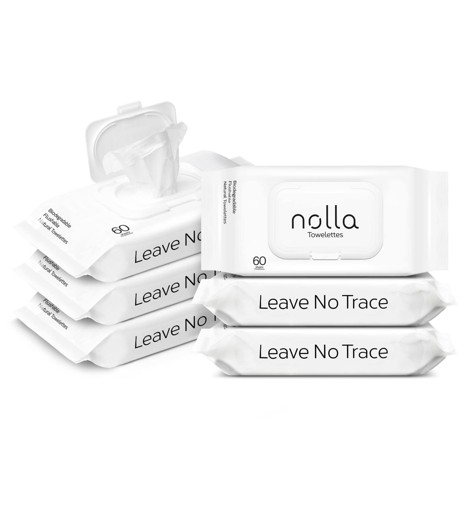 Nolla Flushable Wipes - 100% Plant-Based, Plastic-Free, Biodegradable - Unscented with Aloe & Vitamin E - Septic & Sewer Safe - 360 Count (6 Packs of 60) - Buy Online on GoSupps.com