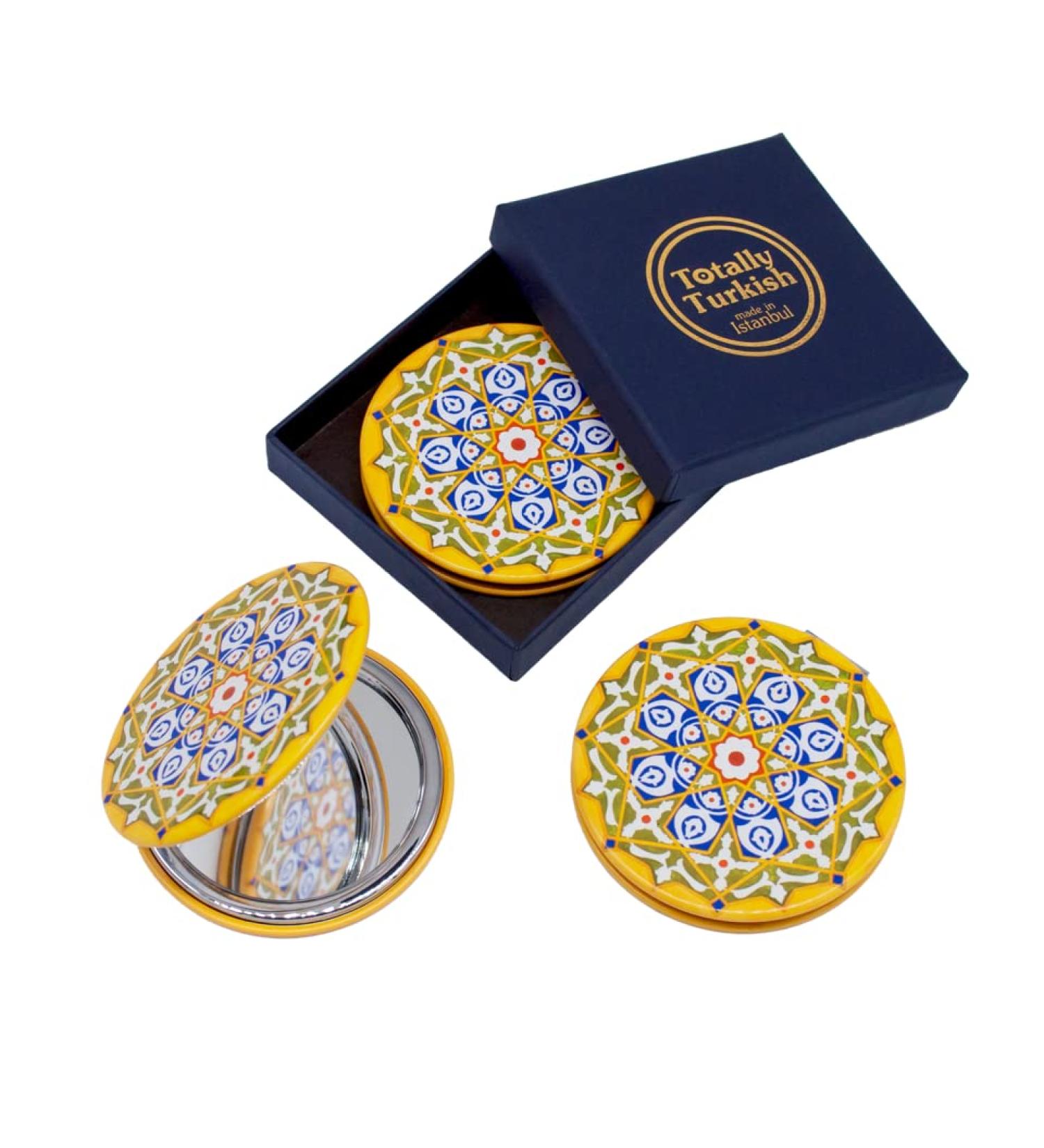 Turkish Metal Compact Mirror - Small Round Mirror with Magnetic Close, 1x & 2x Magnification for Handbags - Bright & Funky Geometric Pattern - Ideal for Travel and Commutes - Buy Online on GoSupps.com