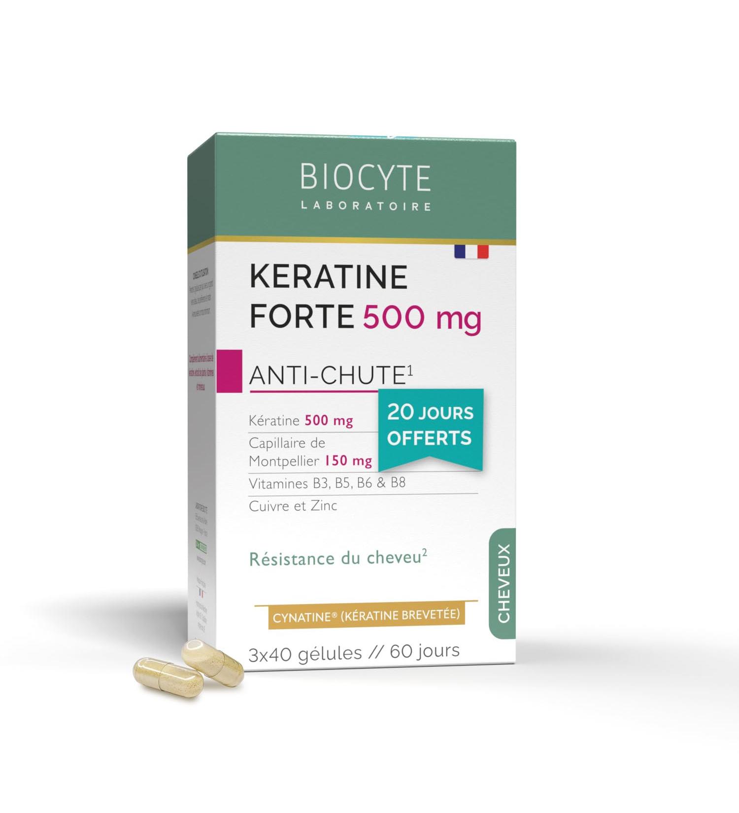 BIOCYTE Pack Keratin Forte 500mg - Food Supplement - Hair Resistance - Keratin Montpellier Capillary Vitamin B8 Zinc Copper - 120 Capsules - 60 Days - Buy Online on GoSupps.com
