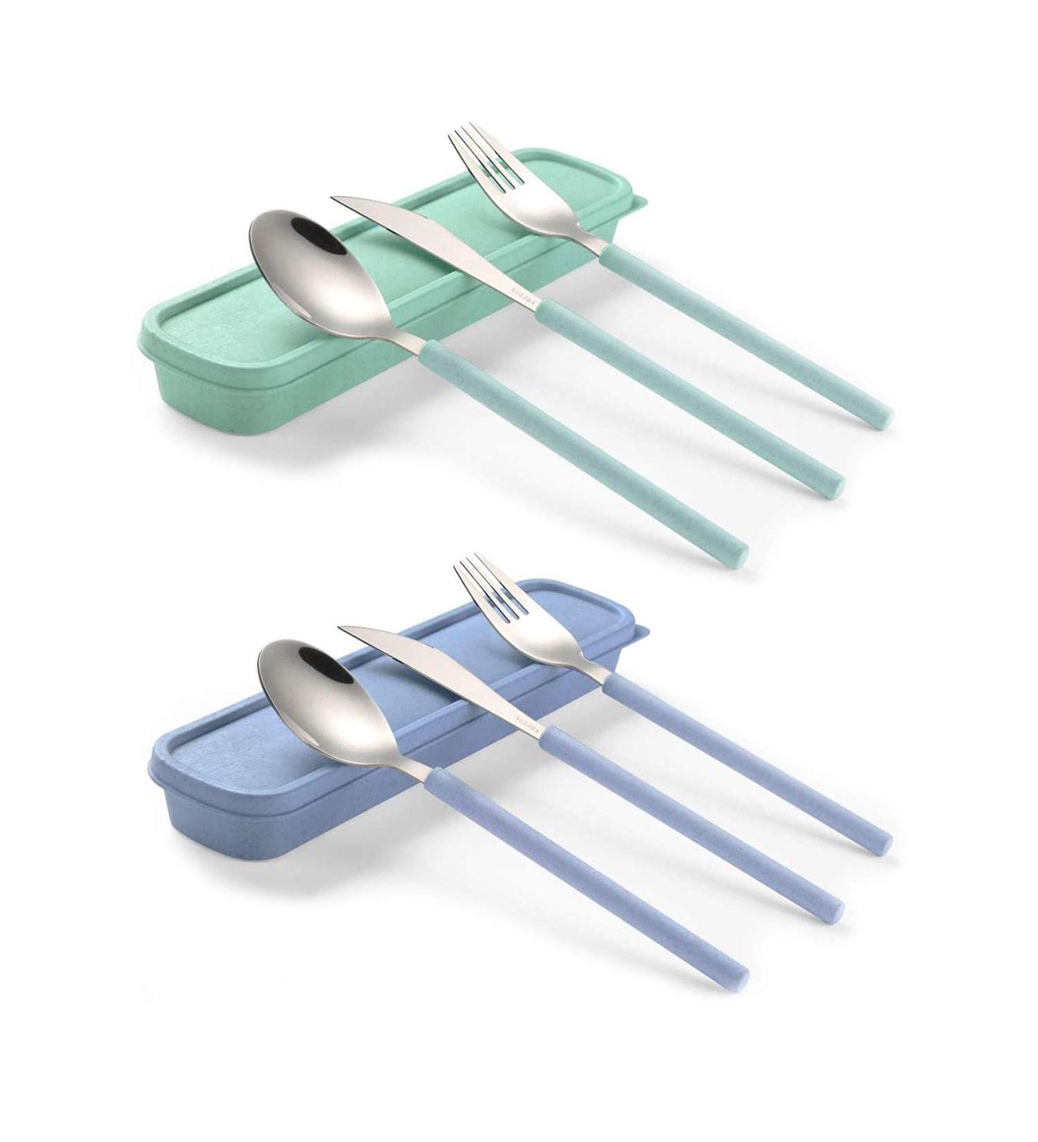 Portable Travel Utensils Set - Reusable Stainless Steel Cutlery with Case for Lunch Box, Travel, and Camping (Green+Blue) - Buy Online on GoSupps.com