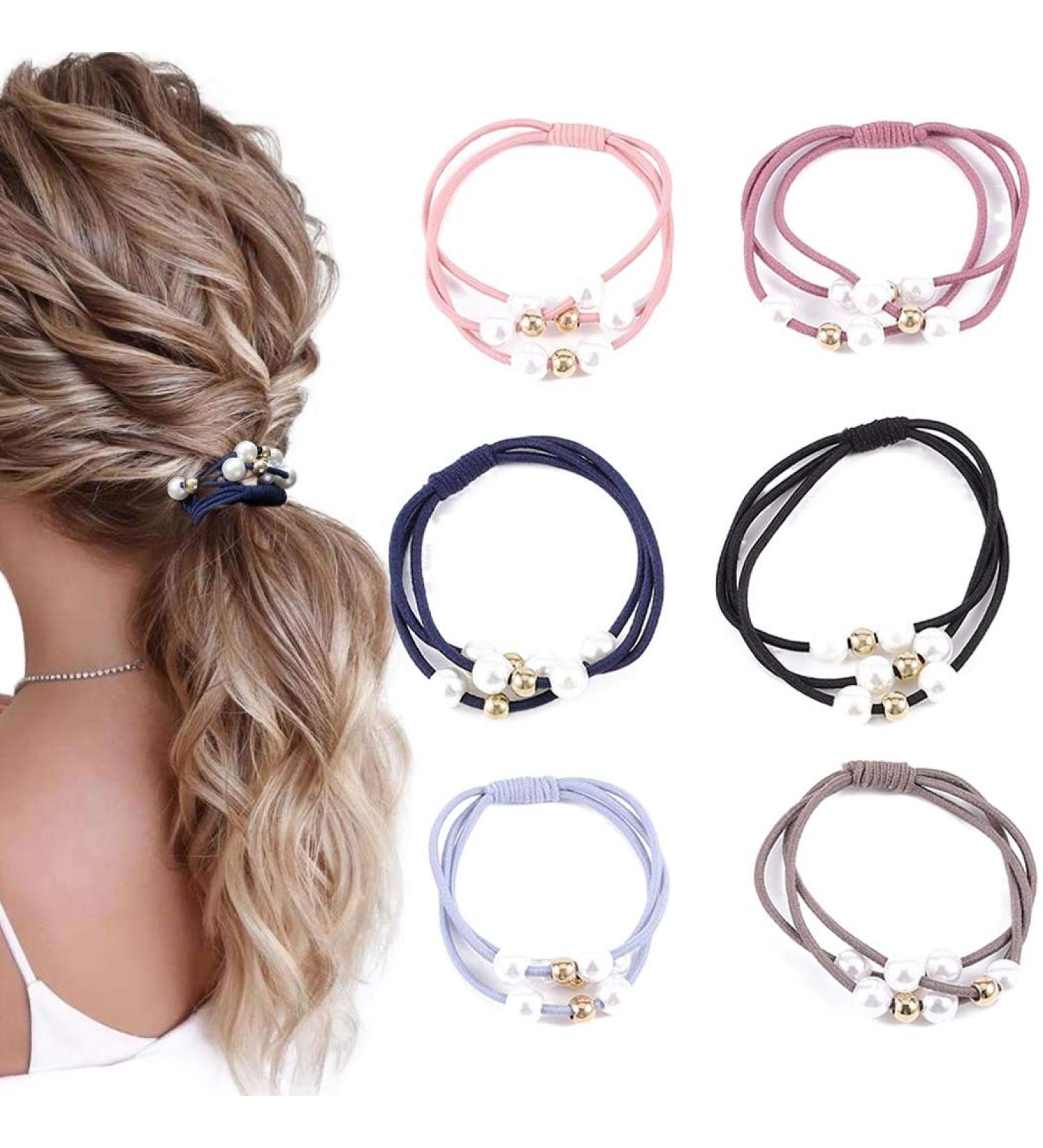 Awanka Pearl Hair Ties Black Layered Elastic Scrunchies for Women & Girls | 6 Pack International Shipping - Buy Online on GoSupps.com